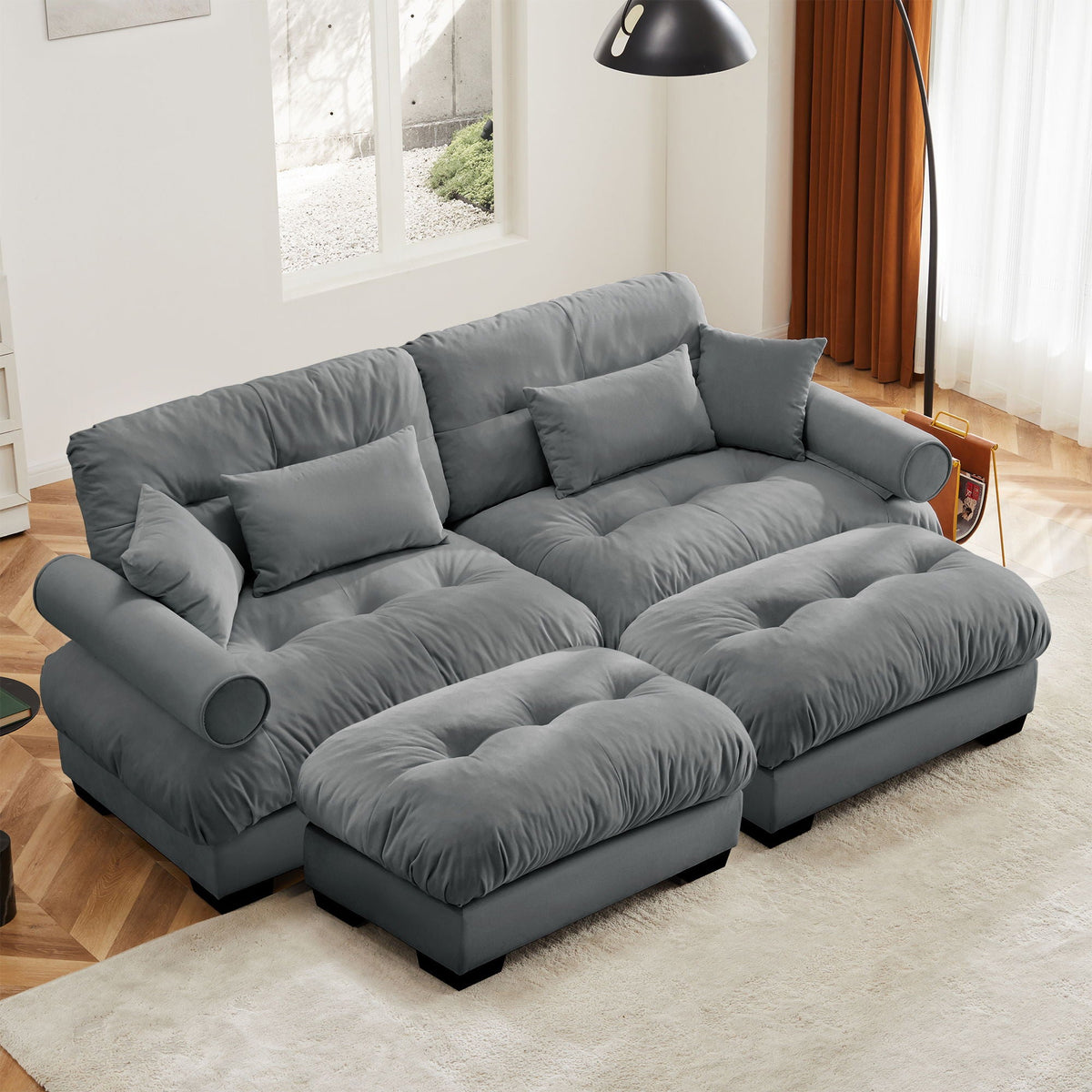 Modular Sectional Sofa | Deep Comfort Cushions | Vintage Fabric Ottoman