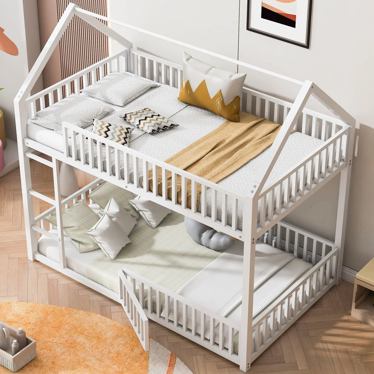 Metal House Bunk Bed | Twin Size | With Fence and Built-In Door