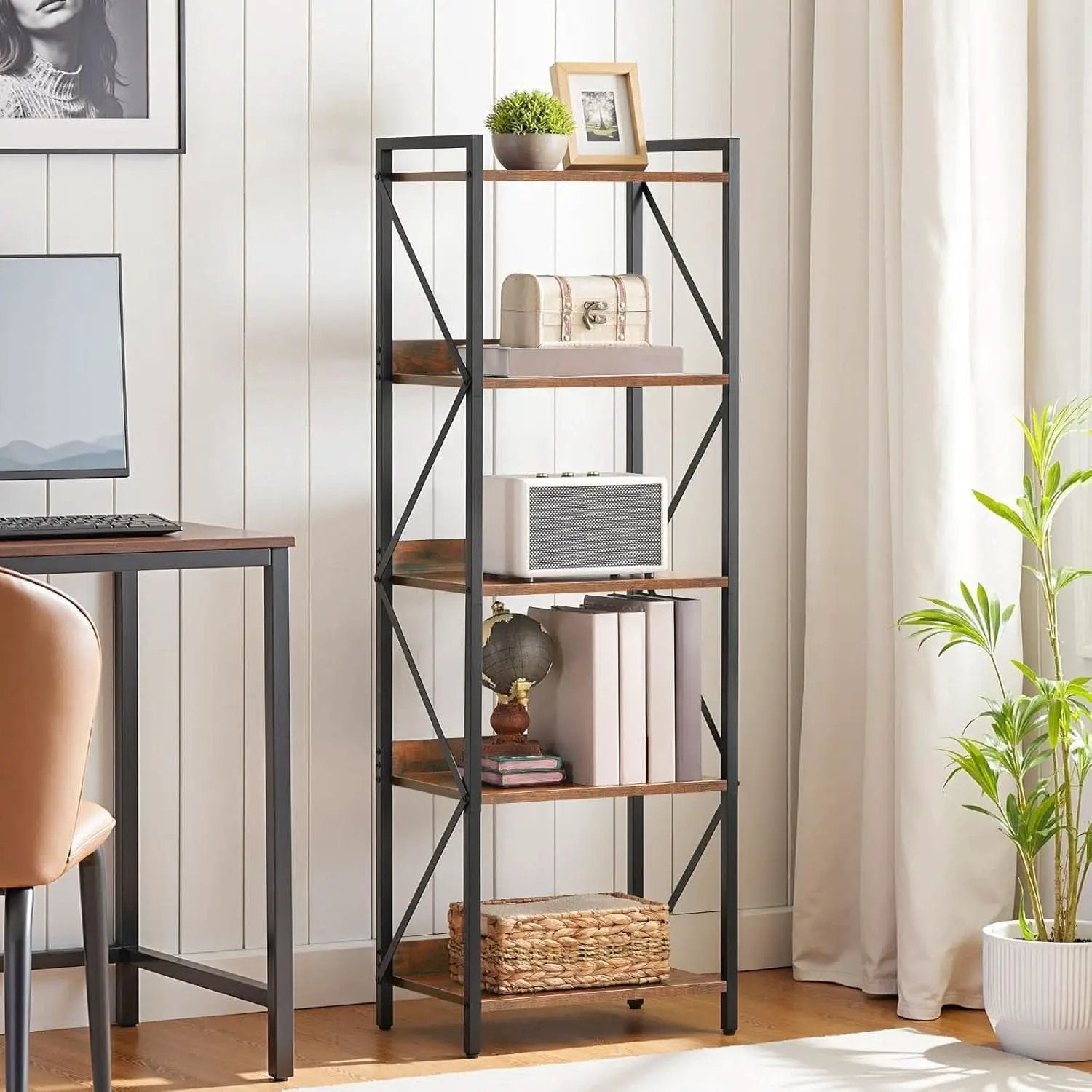 Industrial 5-Tier Bookshelf With Metal Frame 52-Inch Brown from PriceLows™