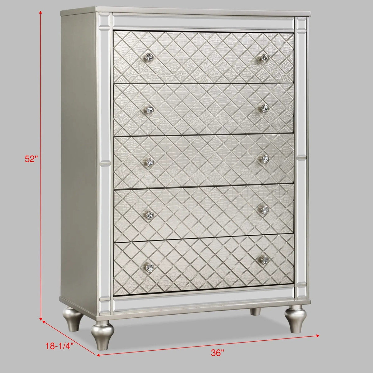 5 Drawer Bedroom Chest With Diamond Patterned Fronts - | 36 x 18.3 x 52 in | 5-Drawer | Silver