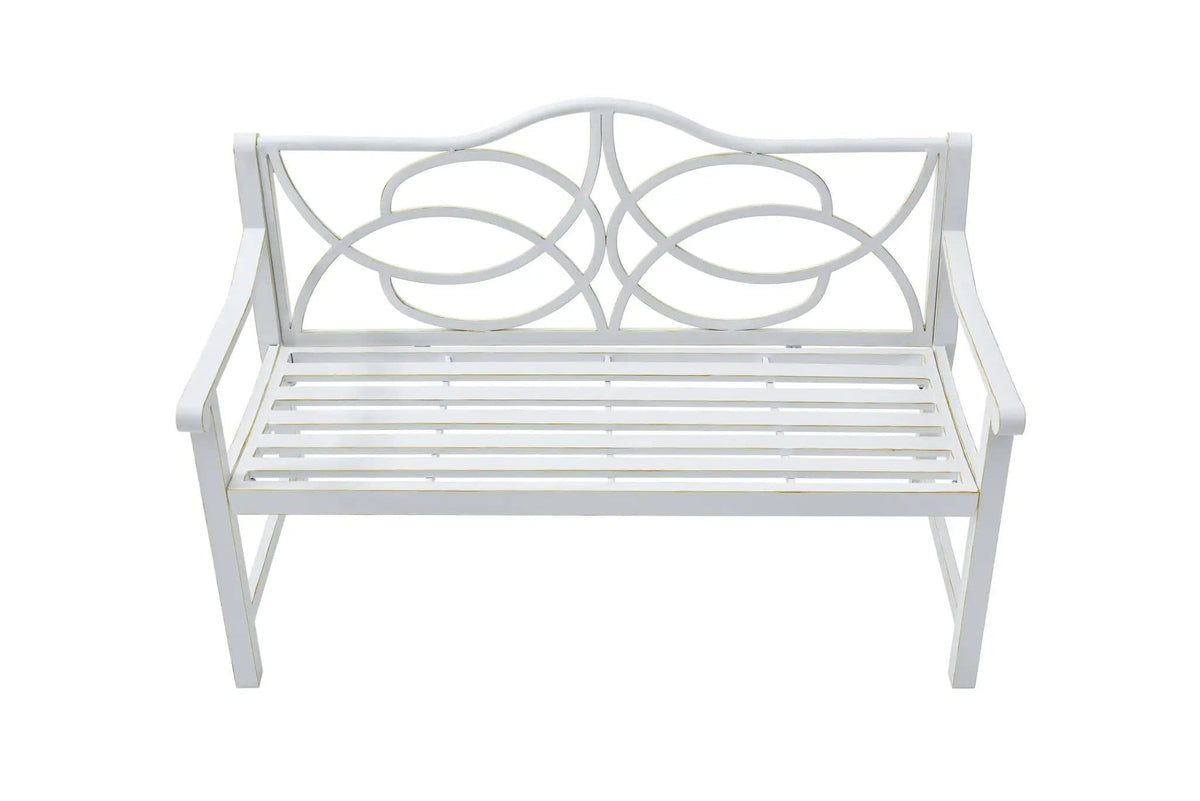 Outdoor Garden Patio Bench With Backrest And Armrest, Slatted Seat For Park, Yard | 50.5 x 22.5 x 35.1 in | Steel & Iron | White