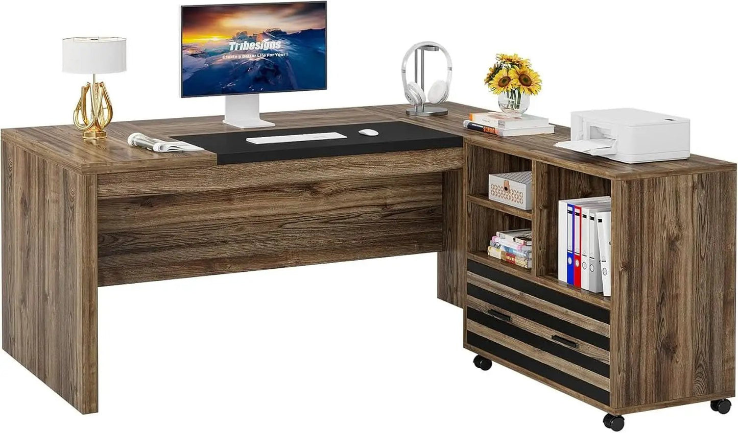 62.2 Inch L Shaped Desk With Mobile File Cabinet Brown from PriceLows™