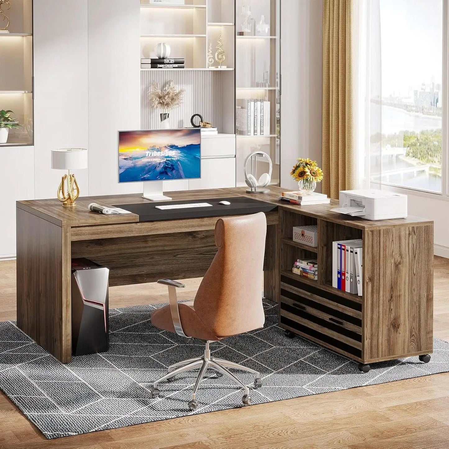 62.2 Inch L Shaped Desk With Mobile File Cabinet Brown from PriceLows™