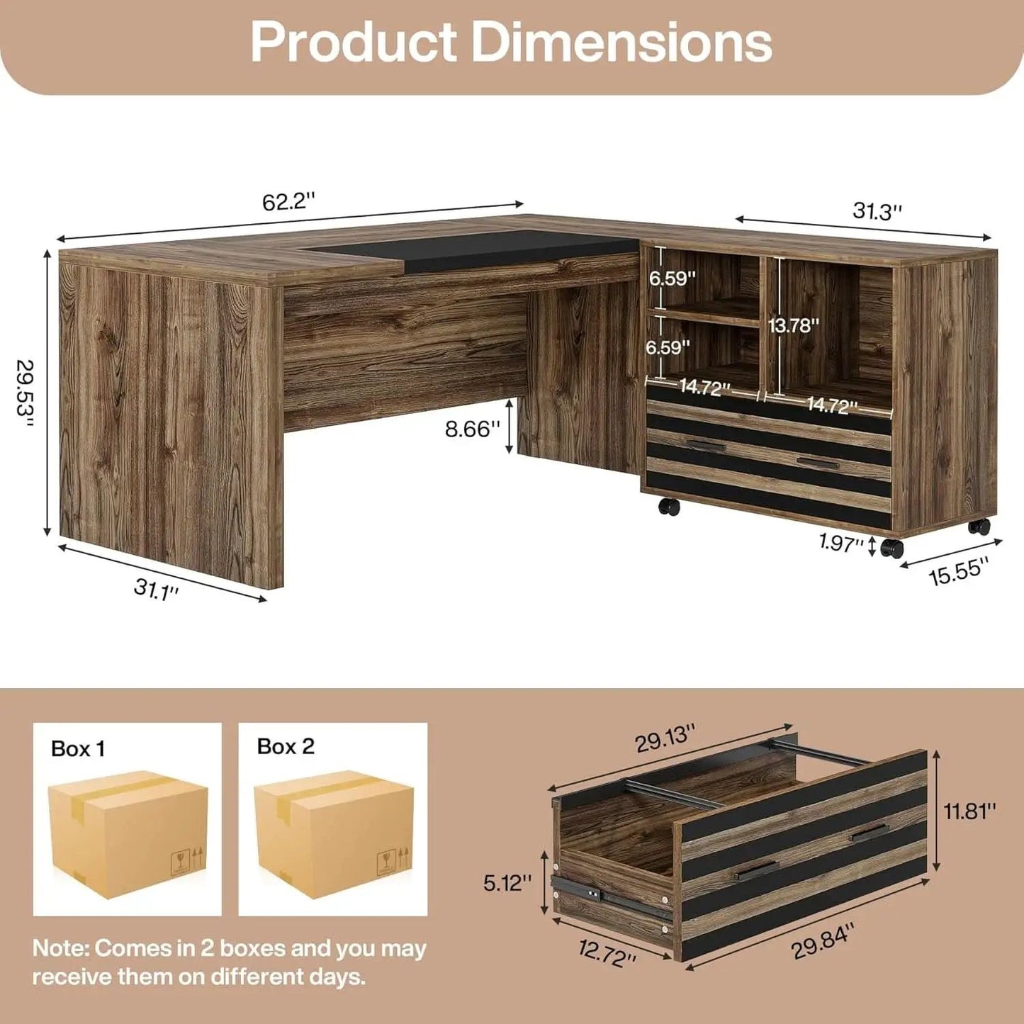62.2 Inch L Shaped Desk With Mobile File Cabinet Brown from PriceLows™