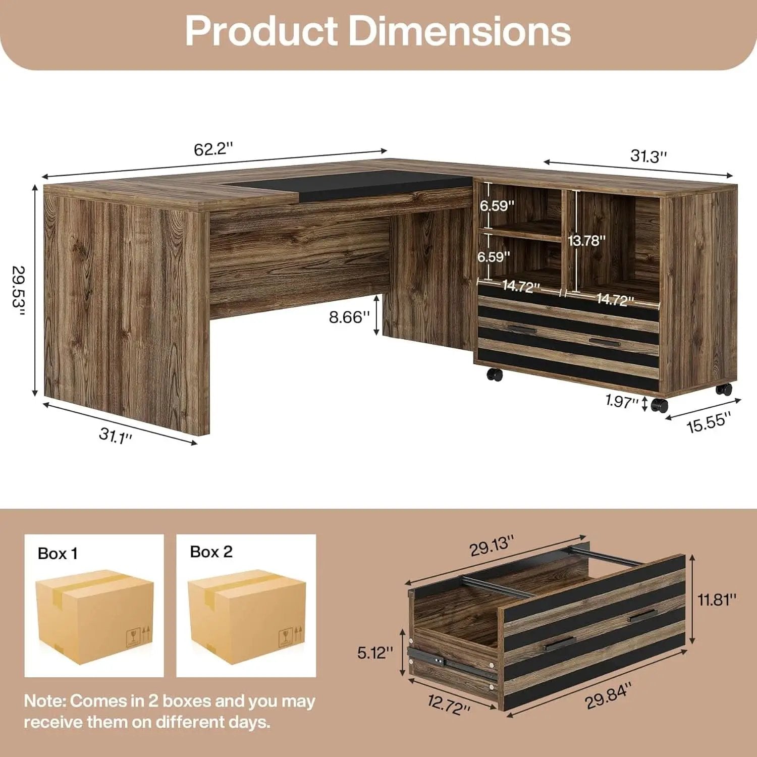 62.2 Inch L Shaped Desk With Mobile File Cabinet Brown from PriceLows™