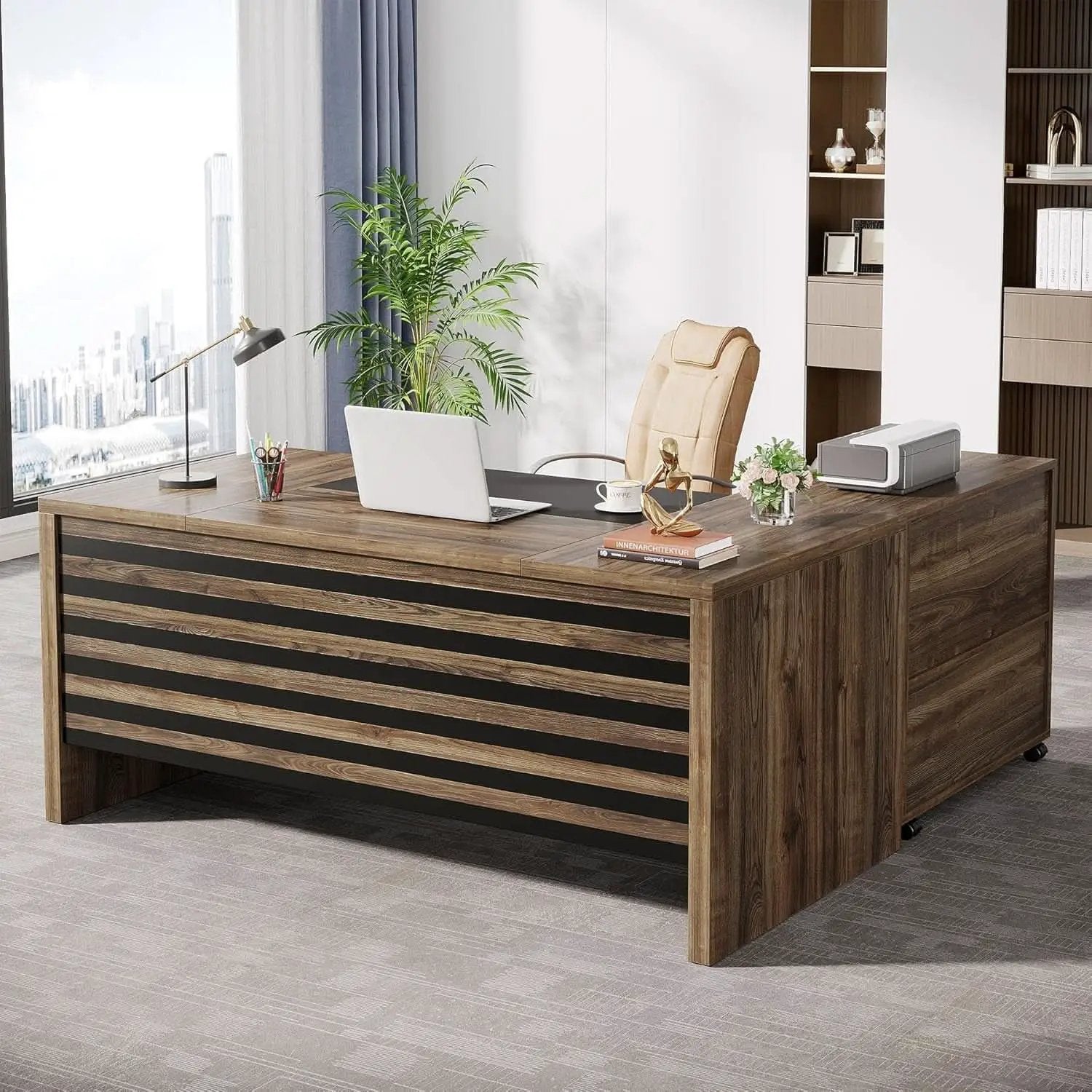 62.2 Inch L Shaped Desk With Mobile File Cabinet Brown from PriceLows™