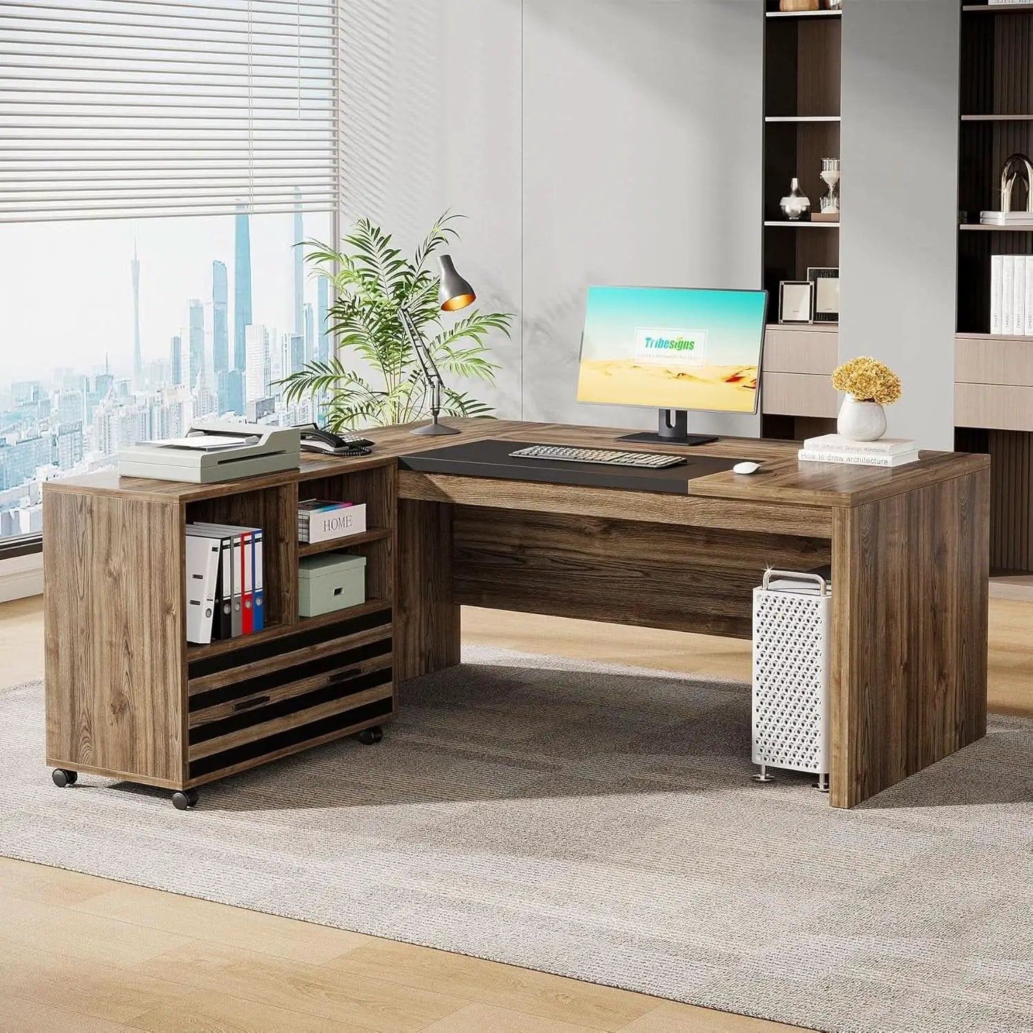 62.2 Inch L Shaped Desk With Mobile File Cabinet Brown from PriceLows™