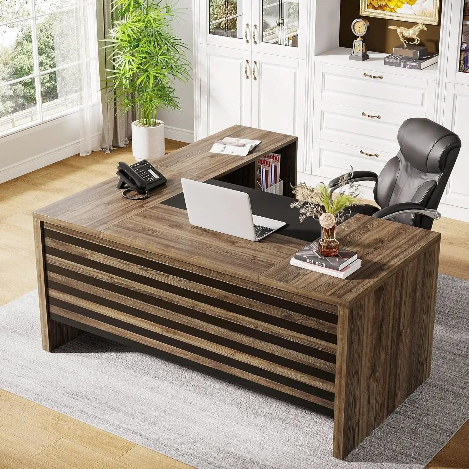 62.2 Inch L Shaped Desk With Mobile File Cabinet Brown from PriceLows™