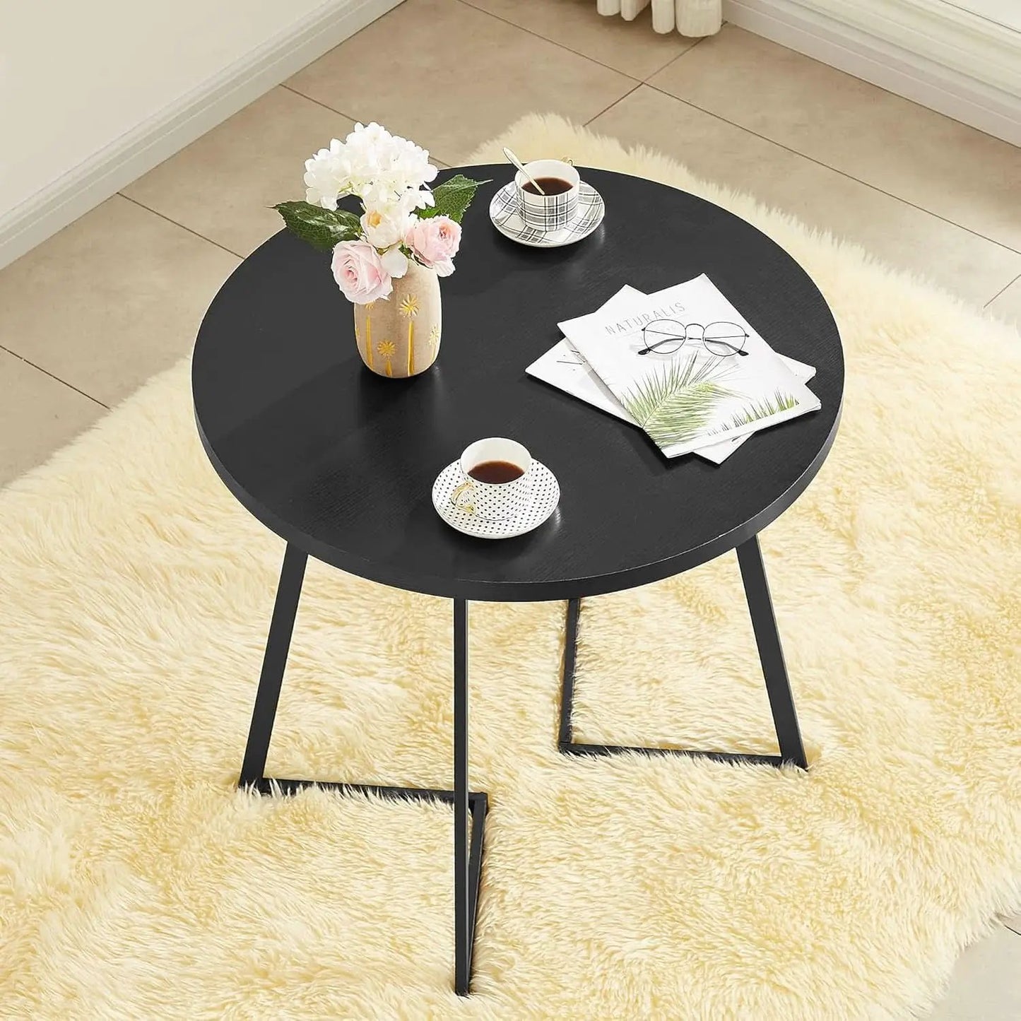 Round Black Woodgrain Top Dining Table With Steel Frame from PriceLows™