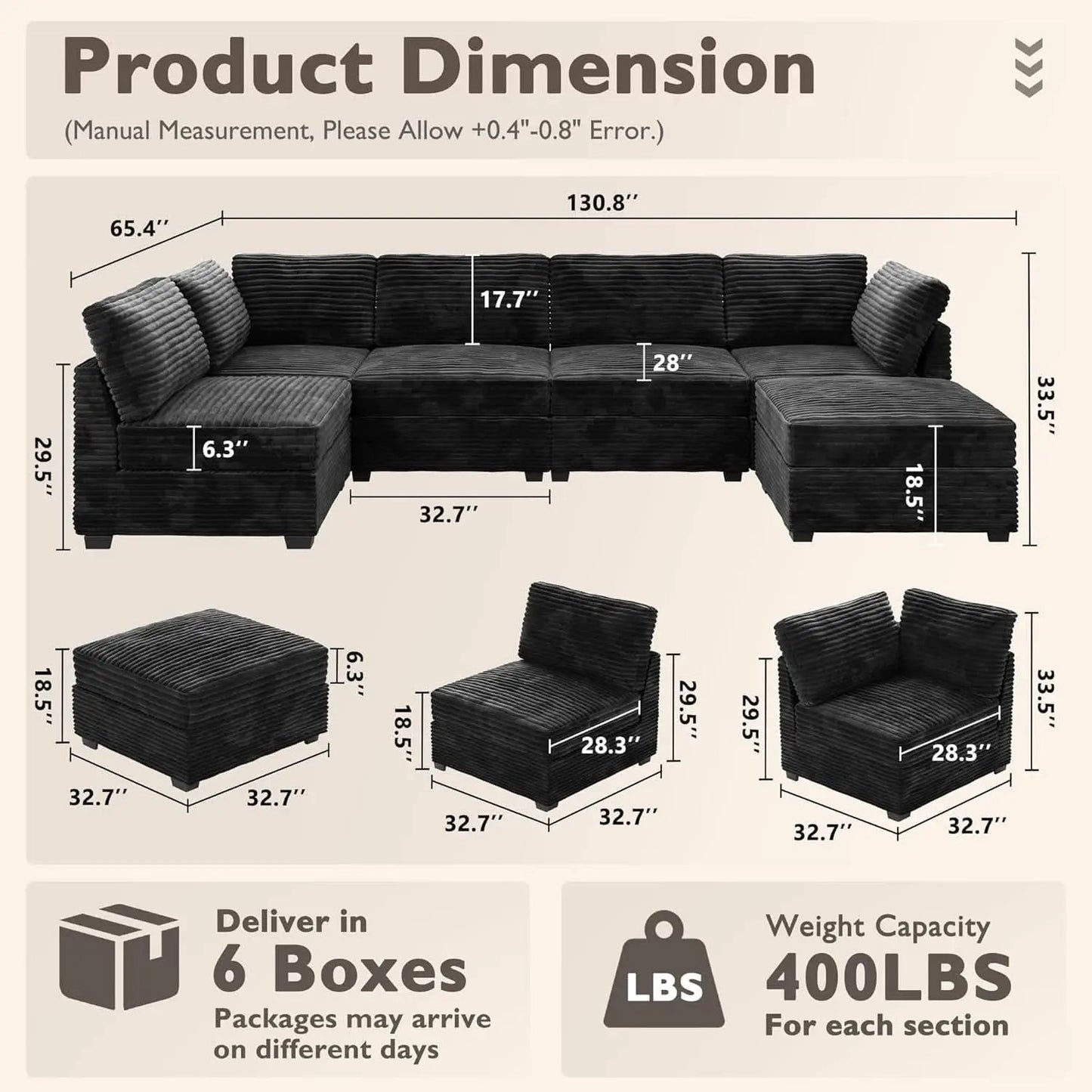 Modular Sectional Sofa Black Corduroy Convertible Sleeper from PriceLows™