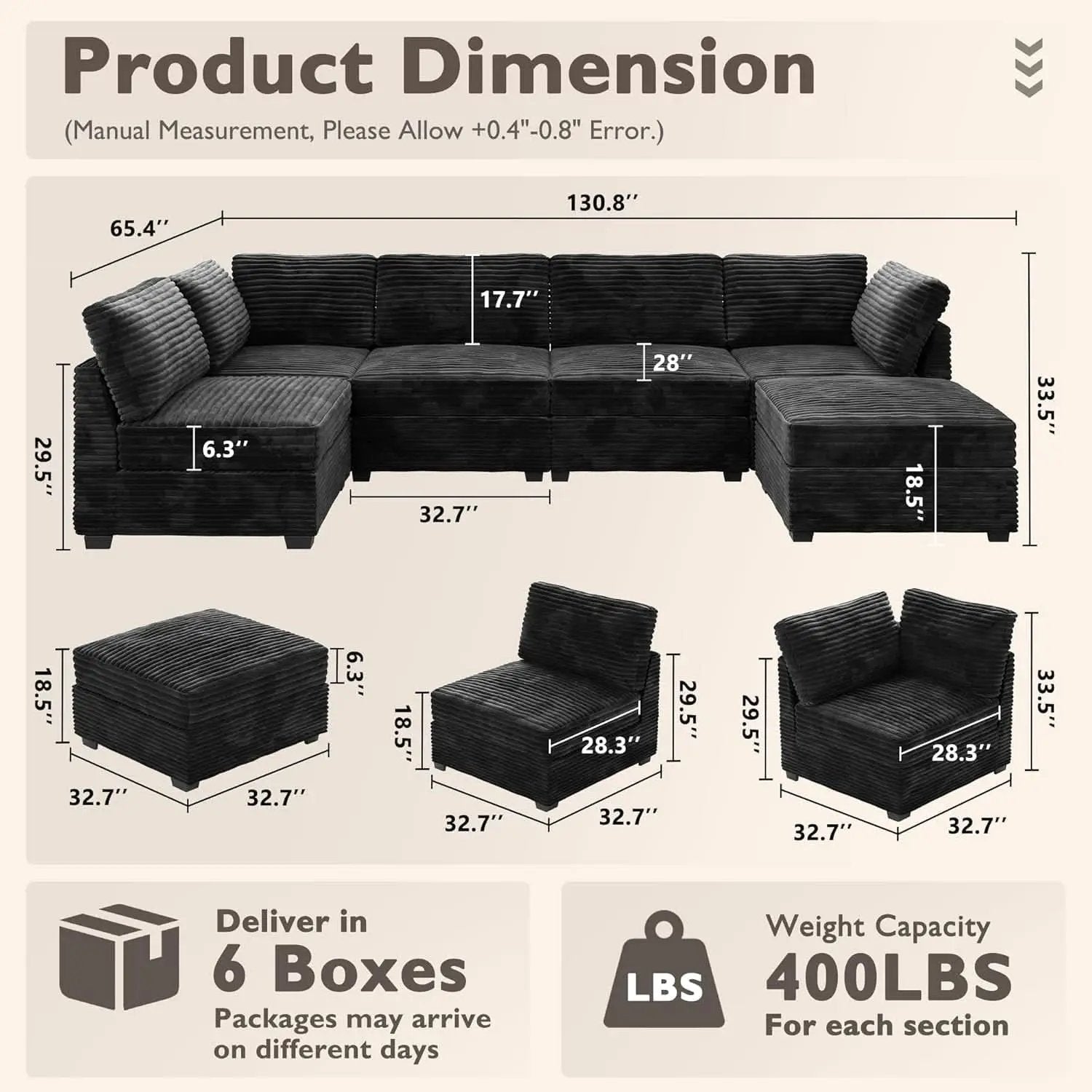 Modular Sectional Sofa Black Corduroy Convertible Sleeper from PriceLows™