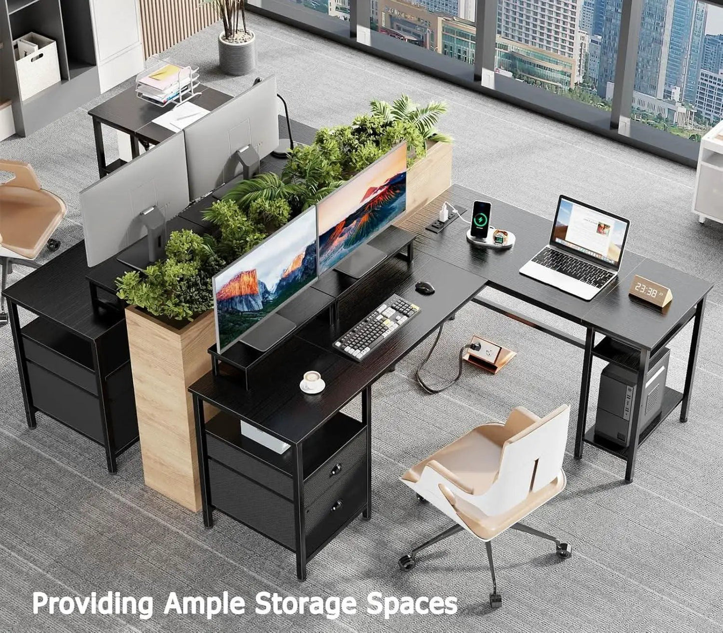 Fifty Nine Inch L Shaped Desk With Black Storage Drawers Unit from PriceLows™