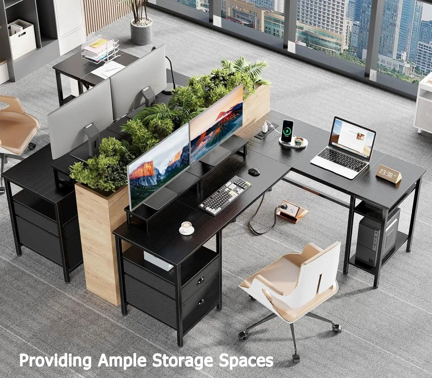 Fifty Nine Inch L Shaped Desk With Black Storage Drawers Unit from PriceLows™