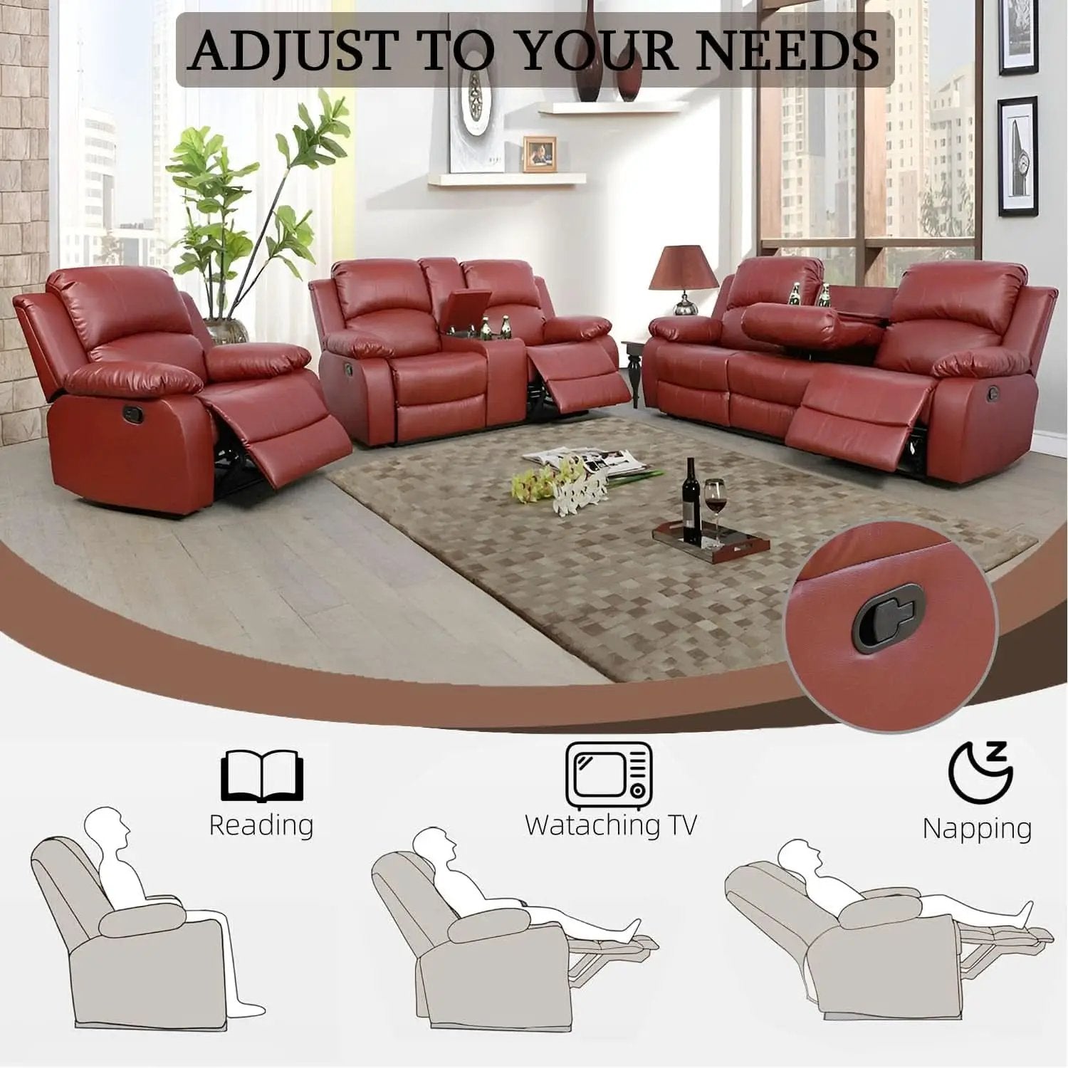 Leather Recliner Sofa Set Red Three Piece Living Room Furniture from PriceLows™