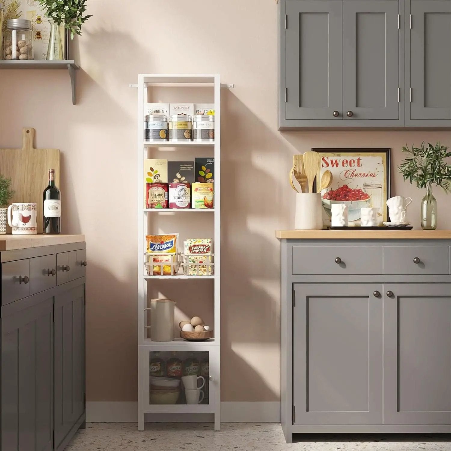 White 6-Tier Narrow Bookshelf With Door For Small Space from PriceLows™
