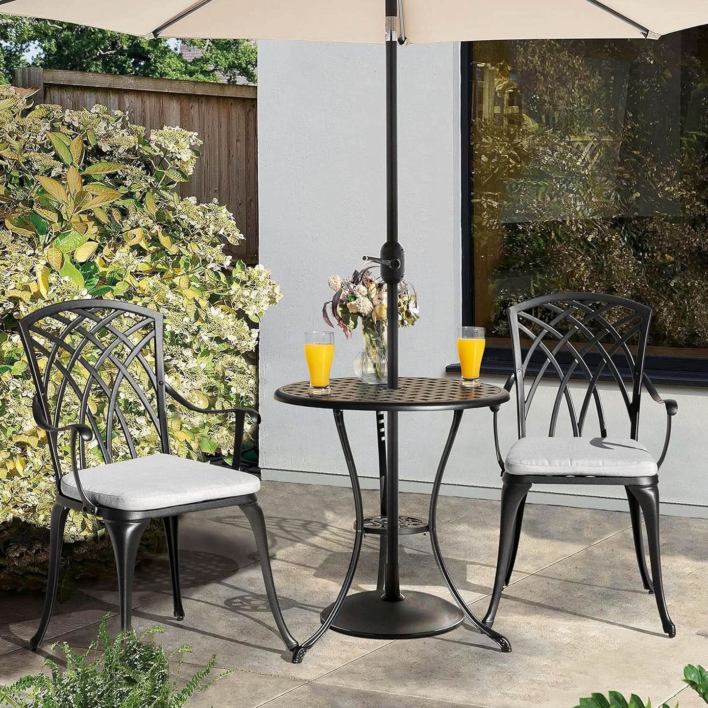 Outdoor Cast Aluminum Bistro Set 3 Piece With Umbrella Hole Gray Cushions from PriceLows™