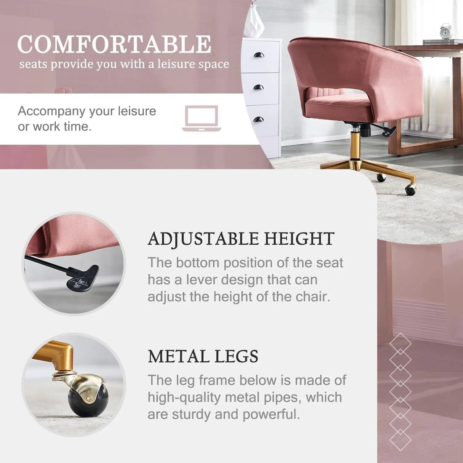 Pink Velvet Swivel Home Office Chair 360 Degree With Gold Base from PriceLows™