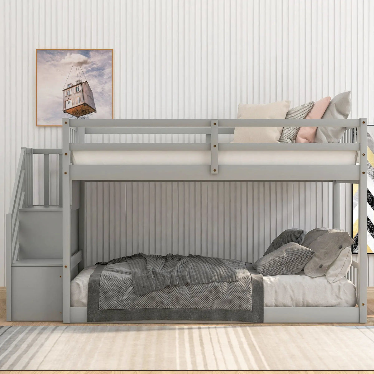 Floor Bunk Bed | Dual Guardrails | Ladder Storage | Twin Over Twin