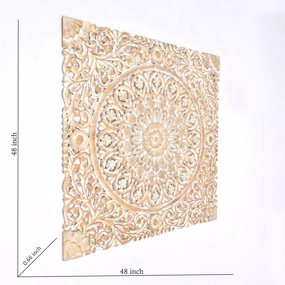 Floral Hand Carved Mandala Square Wall Decor With Spiritual Symbolism Gold / | 48 x 0.66 x 48 in | Wood | White