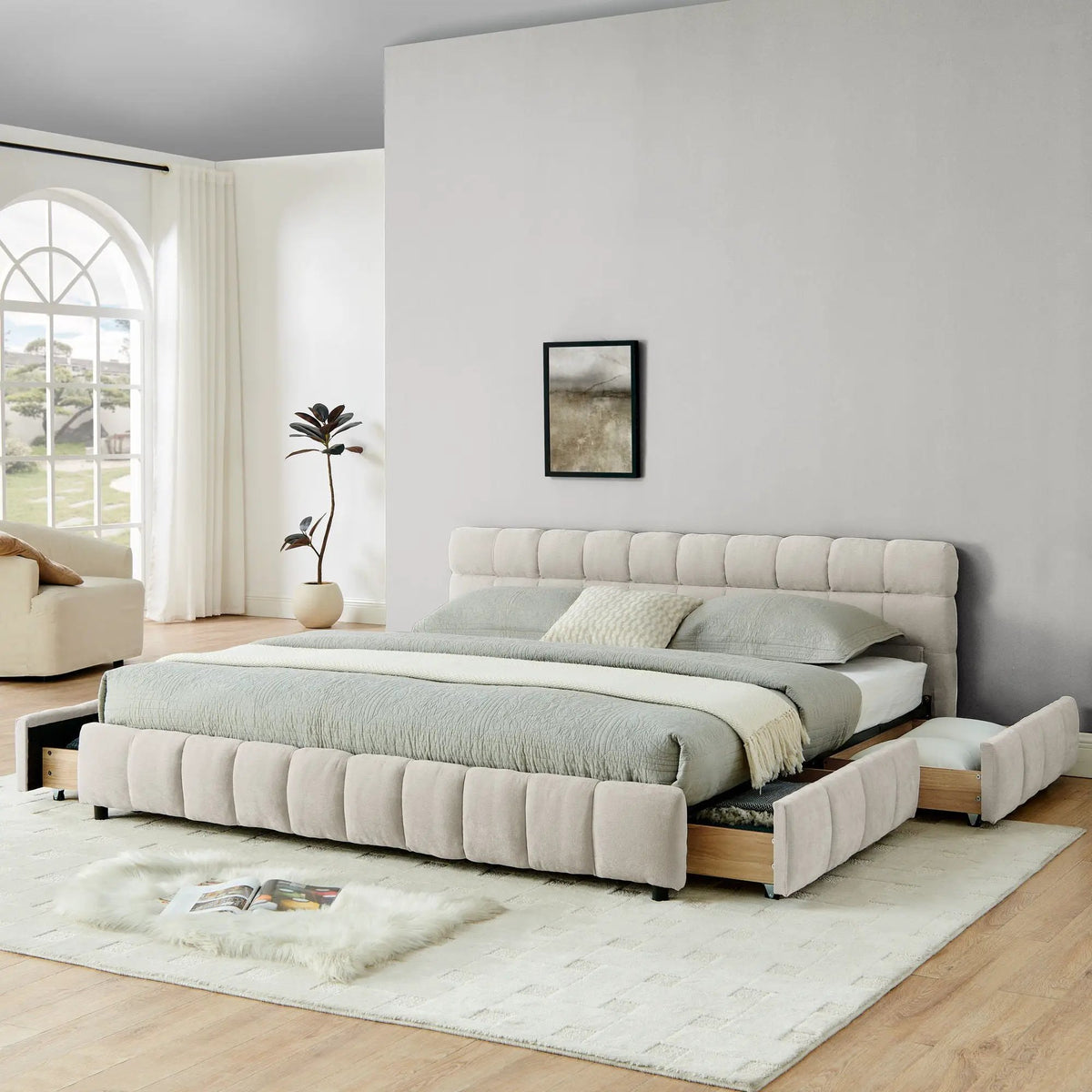 Modern Platform Storage Bed Frame | Thick Fabric Upholstery | Soft Headboard | Solid Construction