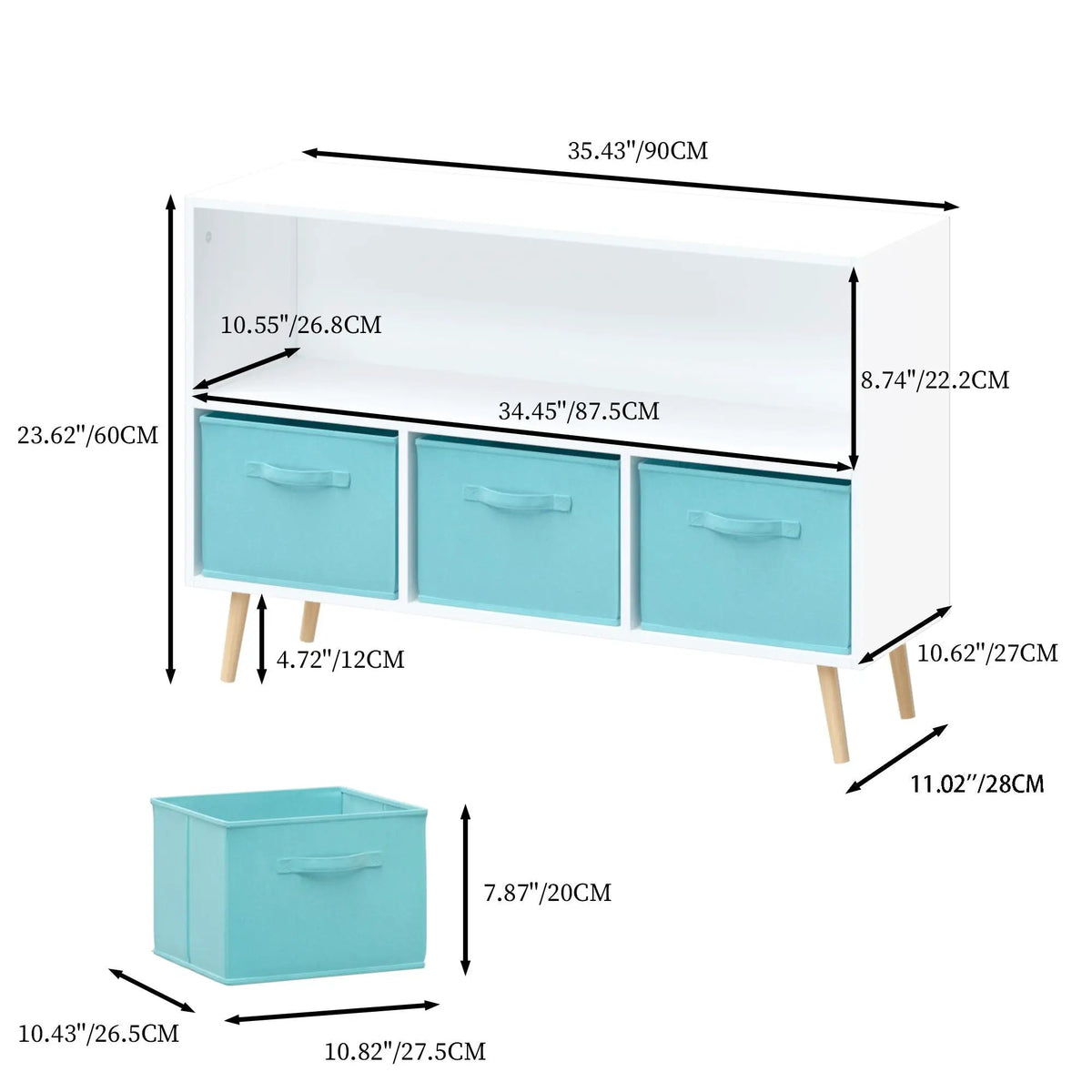 Bookcase | 3 Fabric Drawers | Tip Resistant Frame | White And Blue