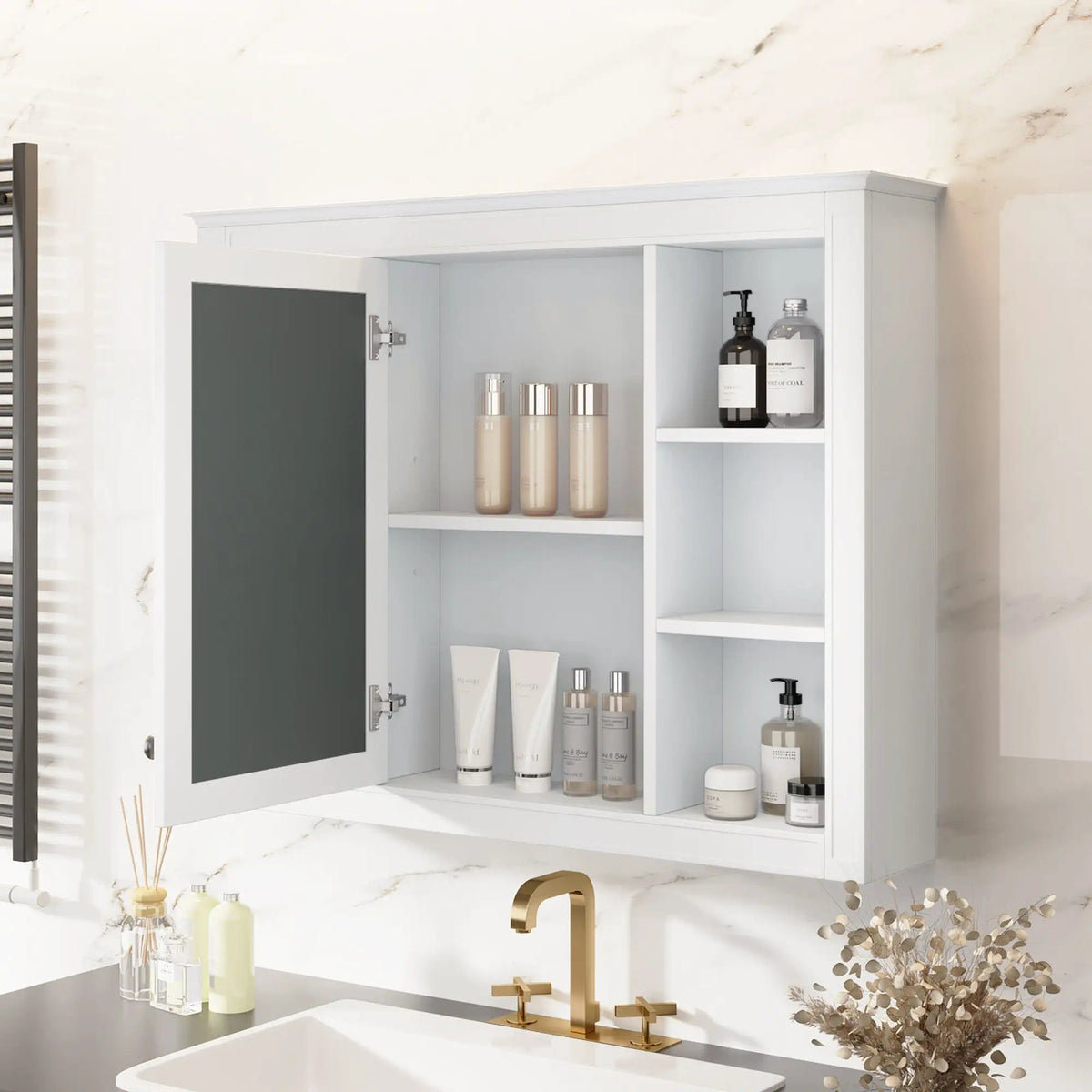 Wall Mounted Medicine Cabinet | Adjustable Interior | 6 Open Shelves