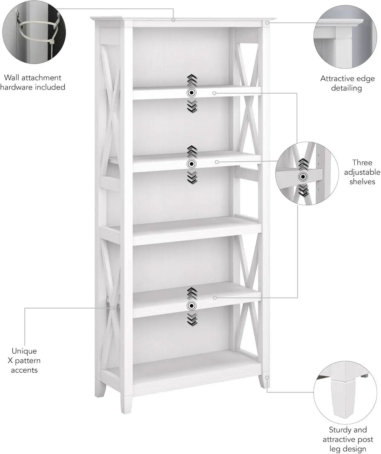 Tall 5 Shelf Bookcase In Pure White Oak Modern Farmhouse from PriceLows™