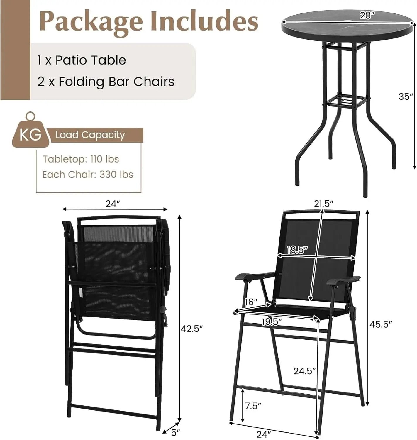 Patio Table And Chairs Set 3 Piece With DPC Tabletop And Folding Counter Height Chairs from PriceLows™