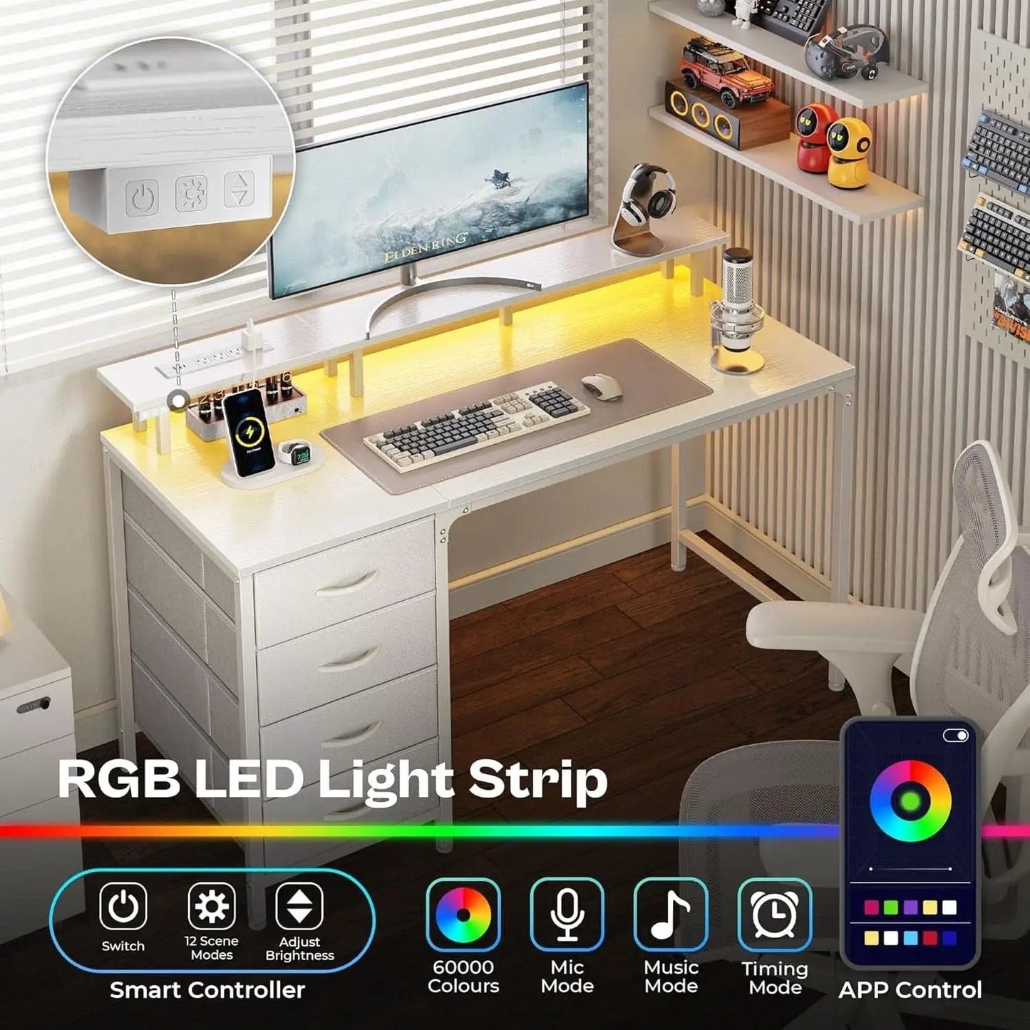 47 Inch LED Gaming Desk With Power Outlets White Drawers from PriceLows™