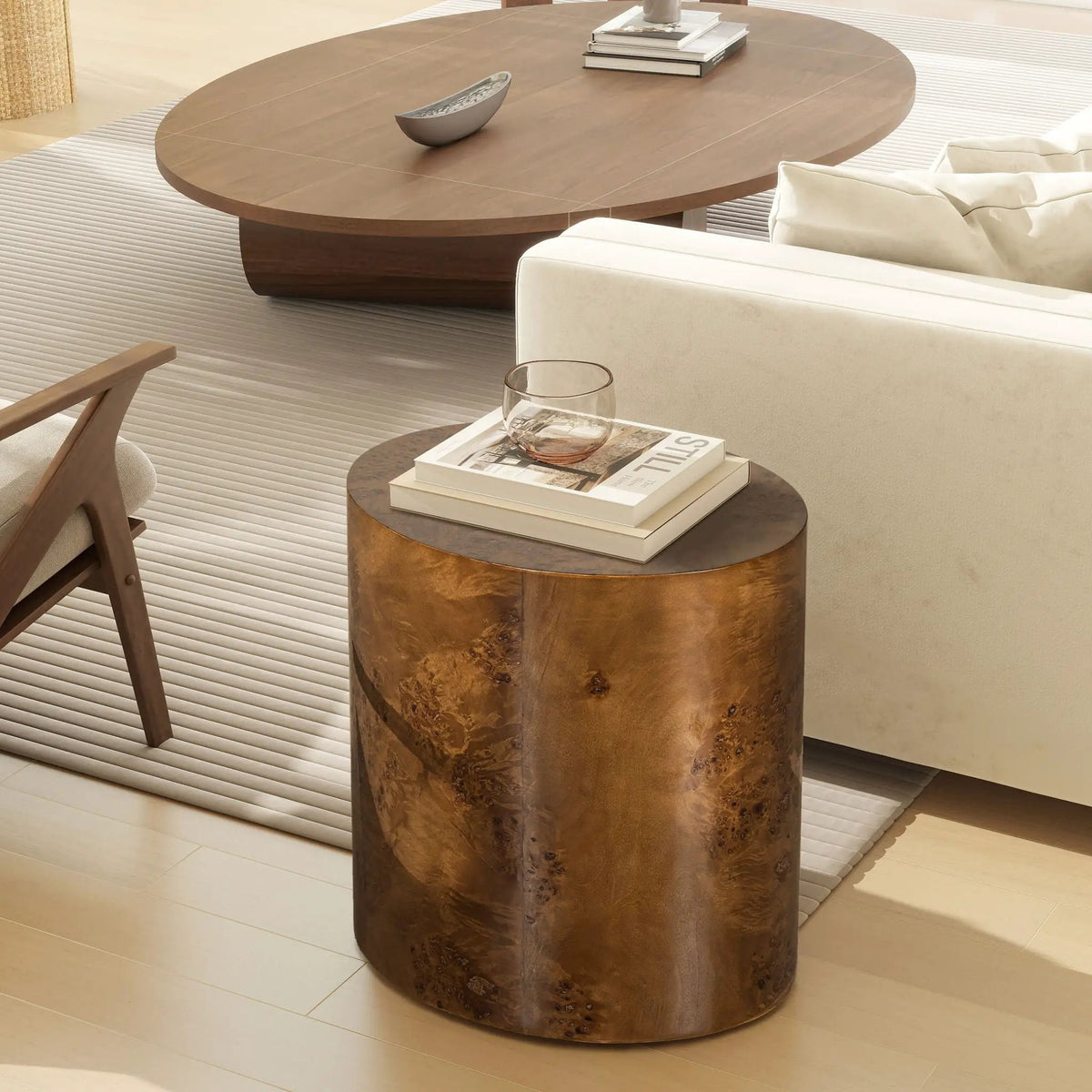 Nebula Oval Pillar Side Table | Burl Wood Veneer | 20 Inch Height | Accent Table