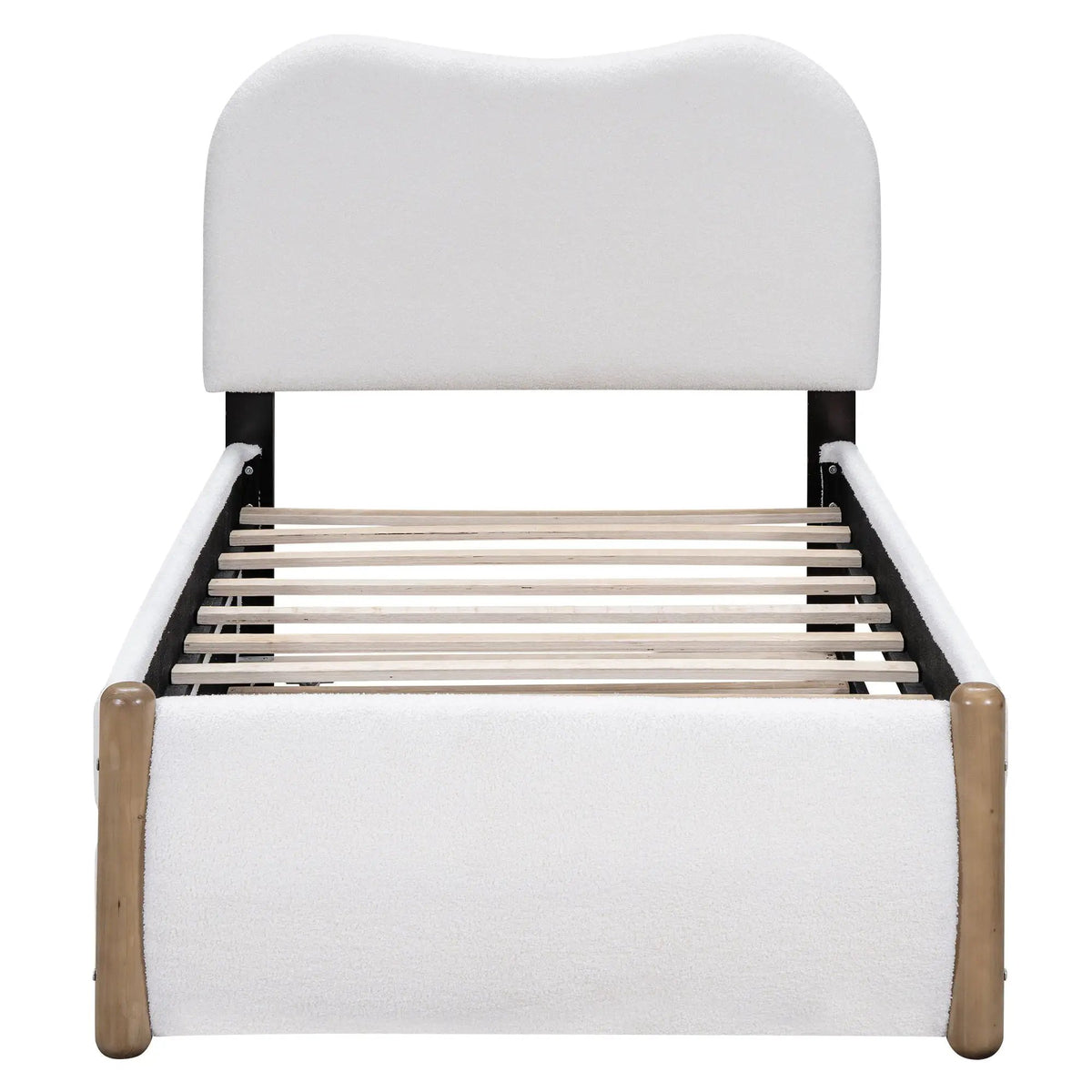 Upholstered Platform Bed | Trundle | Arc-Shaped Berber Fleece Headboard | Wood Supporting Feet