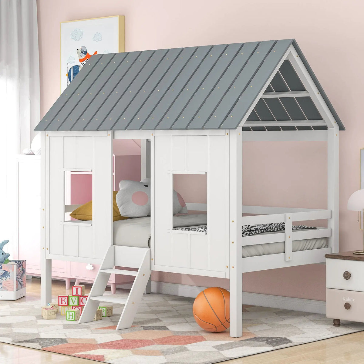 Twin Size Low Loft Bed | Pine Wood Frame | Roof With Two Windows | White
