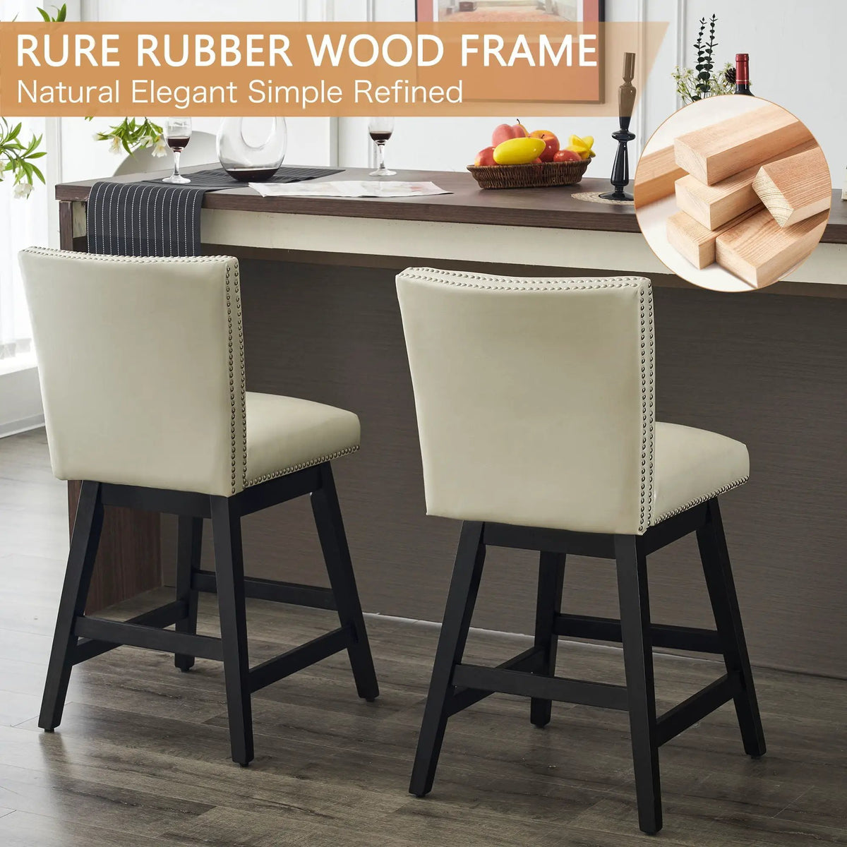 Upholstered Bar Stools | High Back Swivel | Durable PU Leather | Set Two Cream