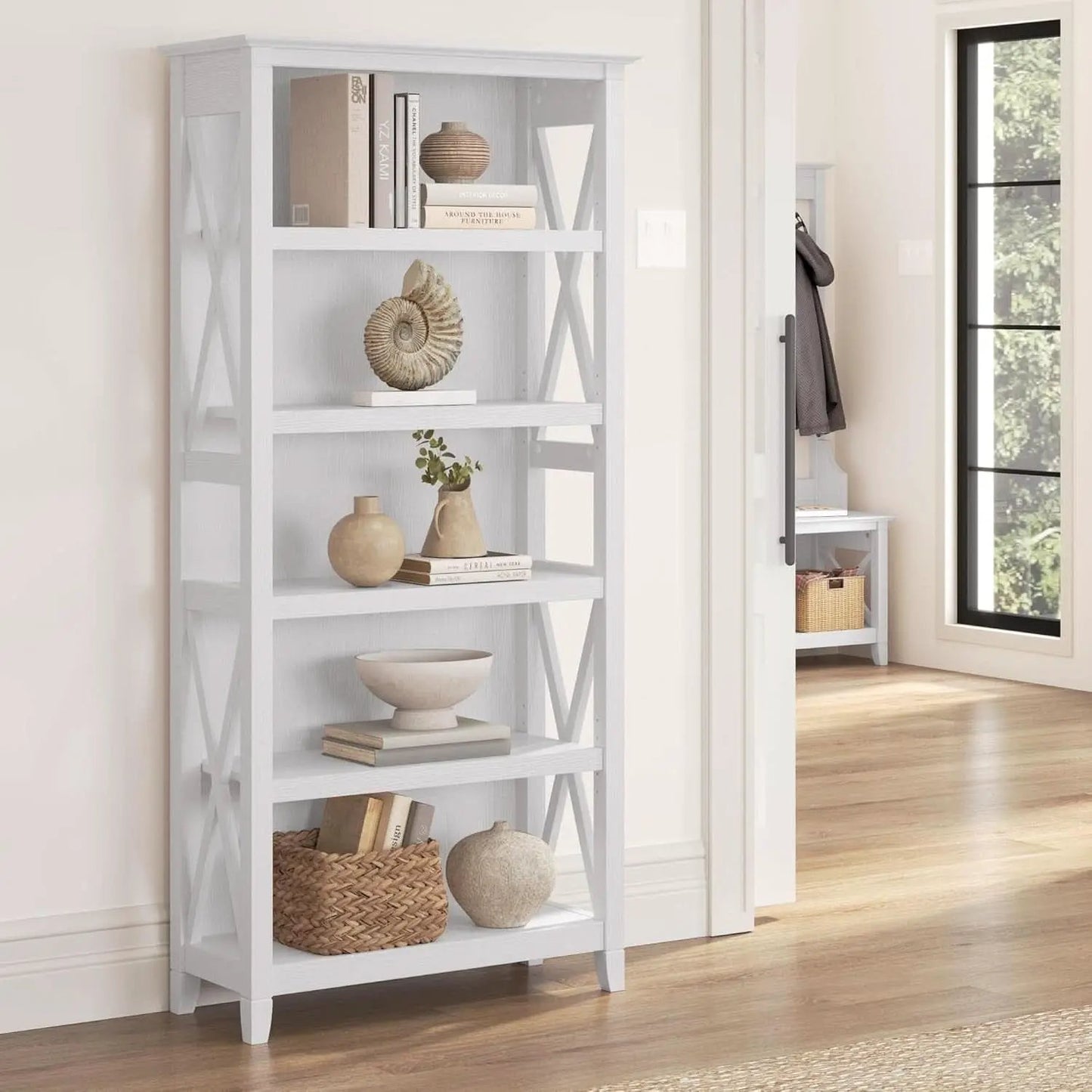 Tall 5 Shelf Bookcase In Pure White Oak Modern Farmhouse from PriceLows™