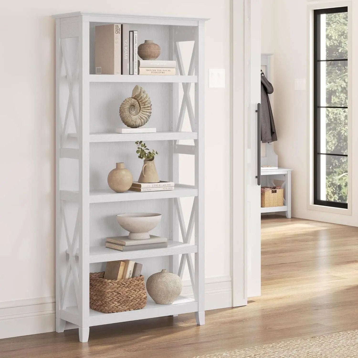 Tall 5 Shelf Bookcase In Pure White Oak Modern Farmhouse from PriceLows™