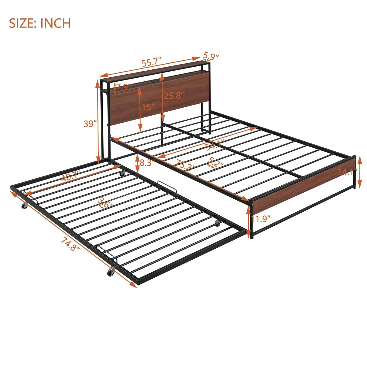 Platform Bed Frame With Trundle | USB Ports | Slat Support | Metal And Wood Build