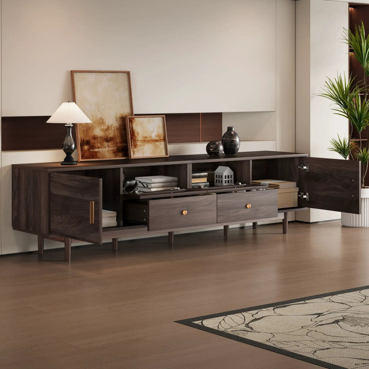 TV Stand With Drawers | Rattan Accents | Two Drop-Down Doors | Dark Brown Entertainment Center
