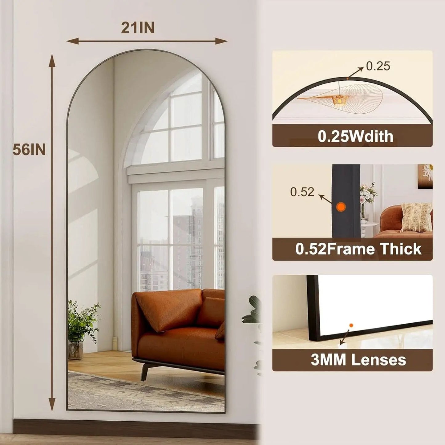 56 Inch Arch Full Length Mirror Black Frame Floor Standing from PriceLows™