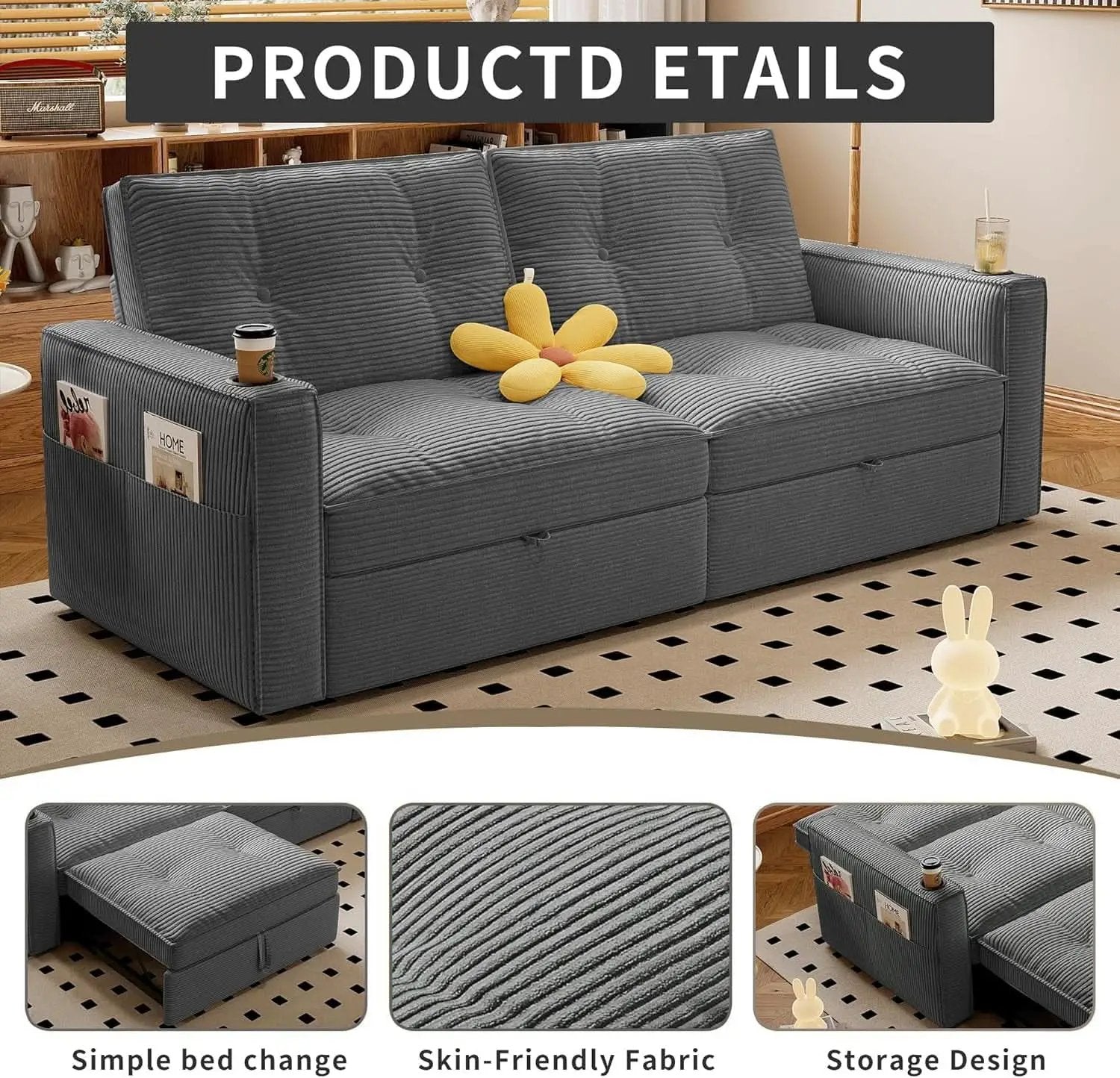 Gray Queen CorduroyTexture Transformable Sofa Bed USB from PriceLows™