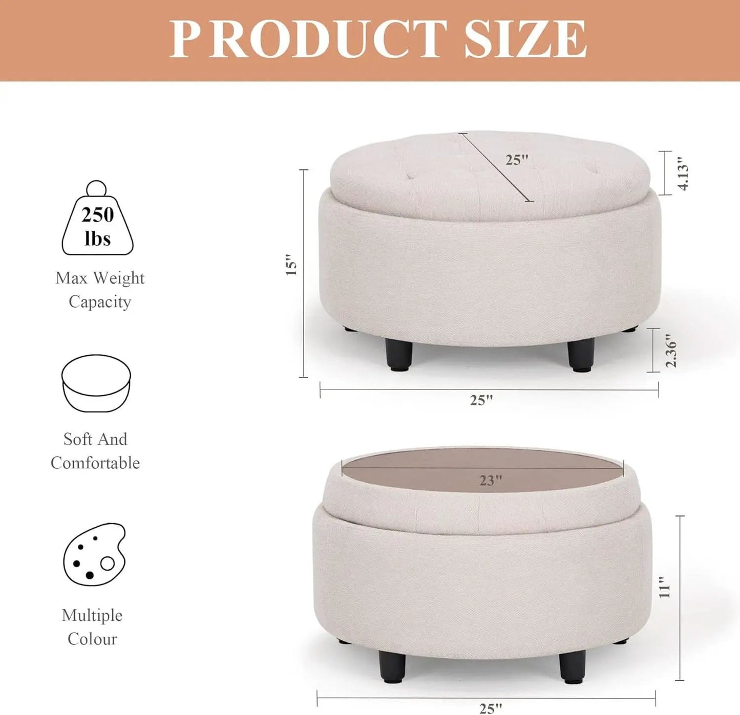 Beige Polyester Circular Storage Ottoman With Tray from PriceLows™