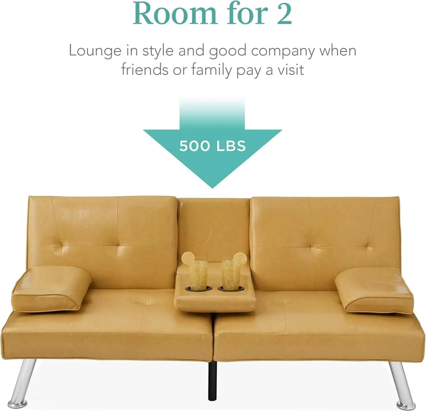 Convertible Futon Sofa Bed in Faux Leather Camel Yellow with Removable Armrests from PriceLows™
