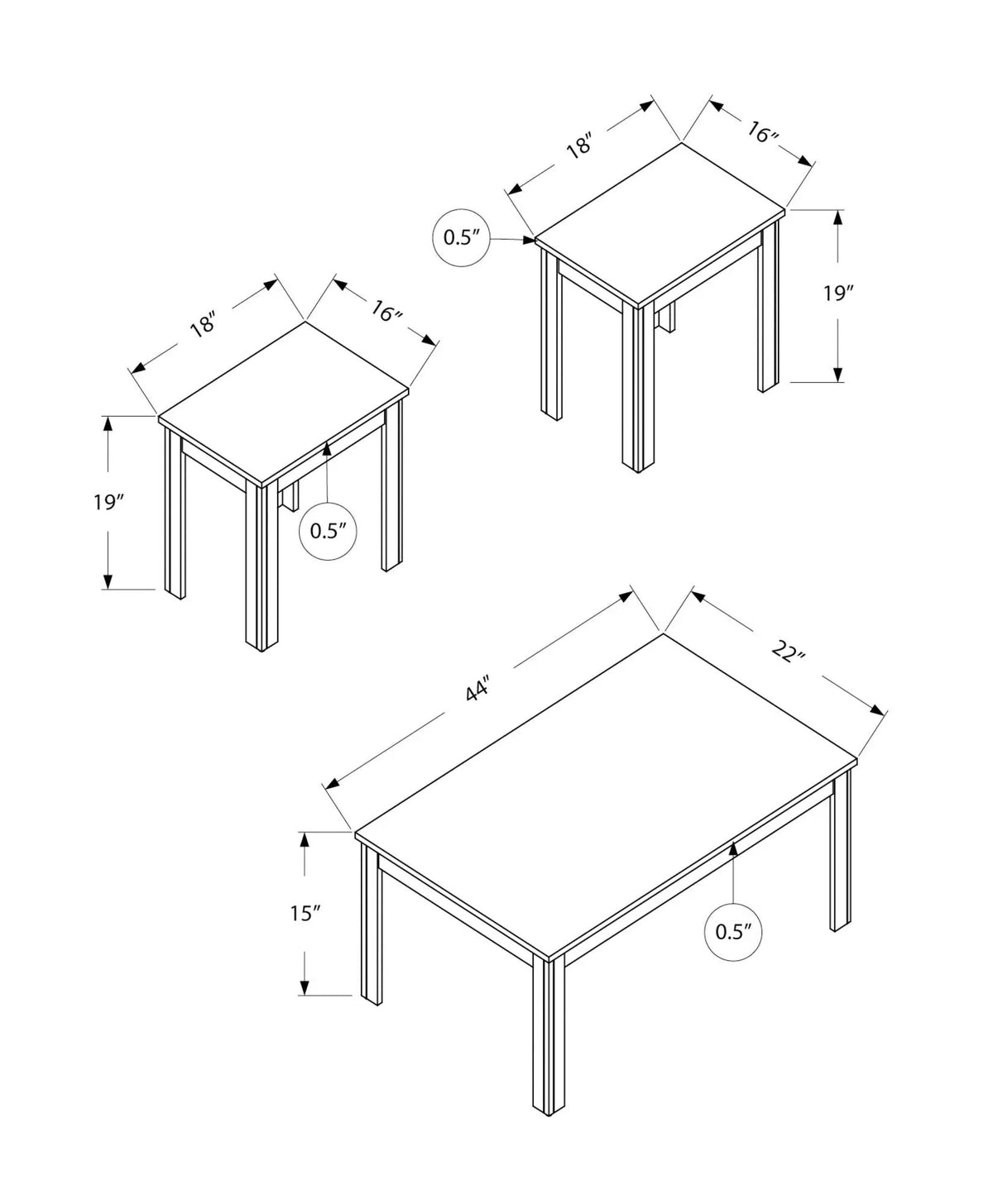 Transitional Coffee Table Set | Set Of 3 | 44 Inch Coffee Table | Two End Tables