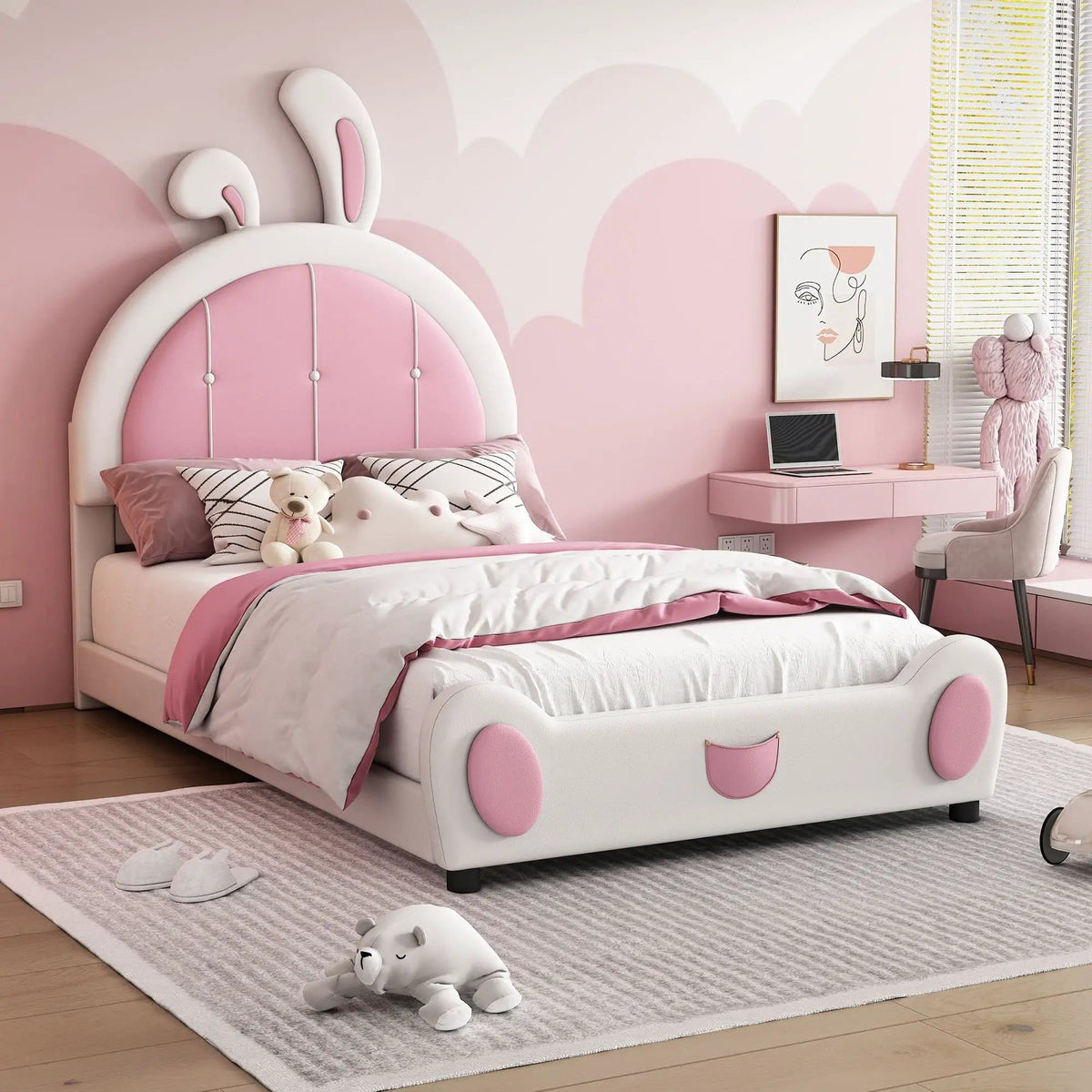 Upholstered Platform Bed With Rabbit Shaped Headboard | 78.7 x 39 x 55.12 in | Pine Wood | Bedroom