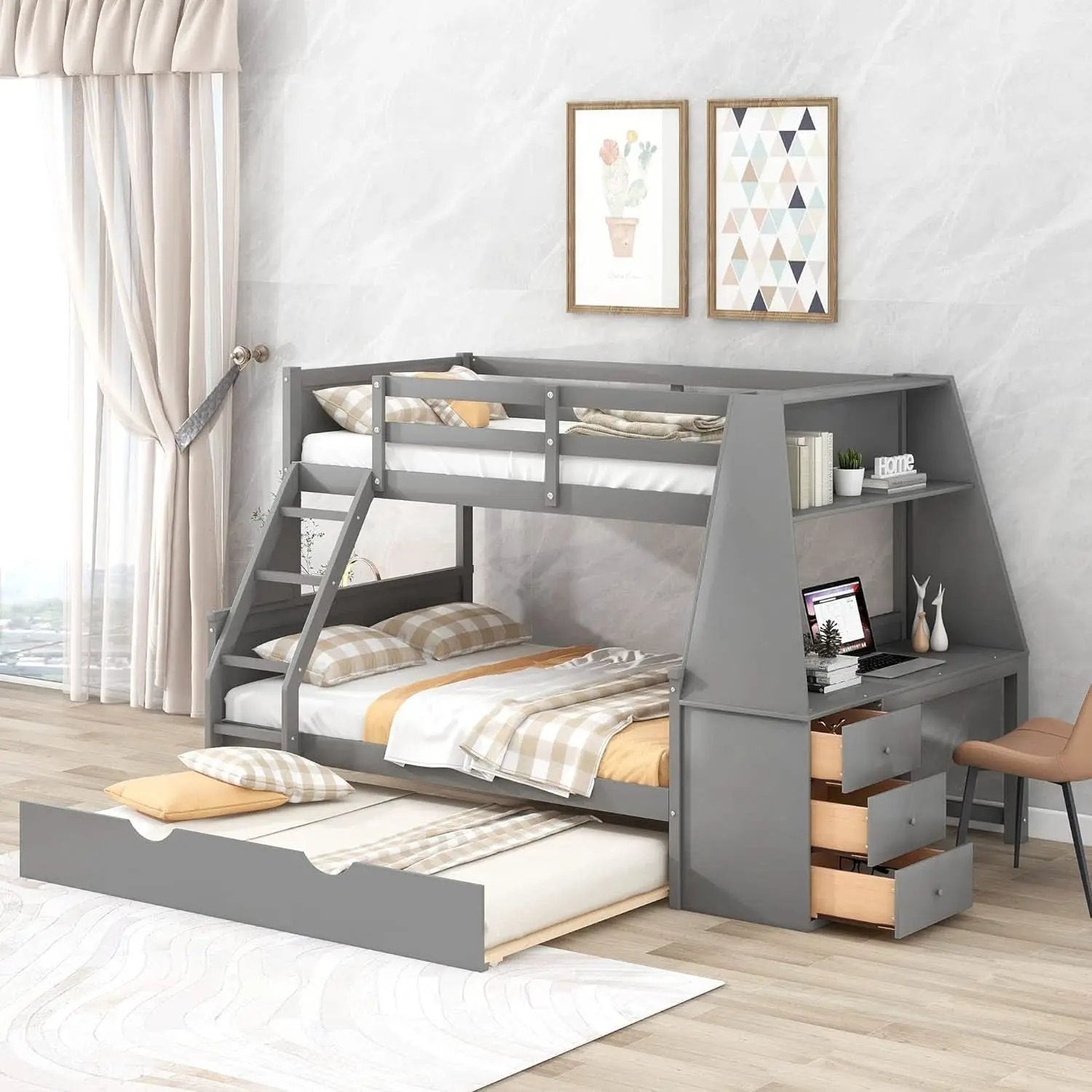 Gray Twin Over Full Bunk Bed With Trundle And Desk from PriceLows™