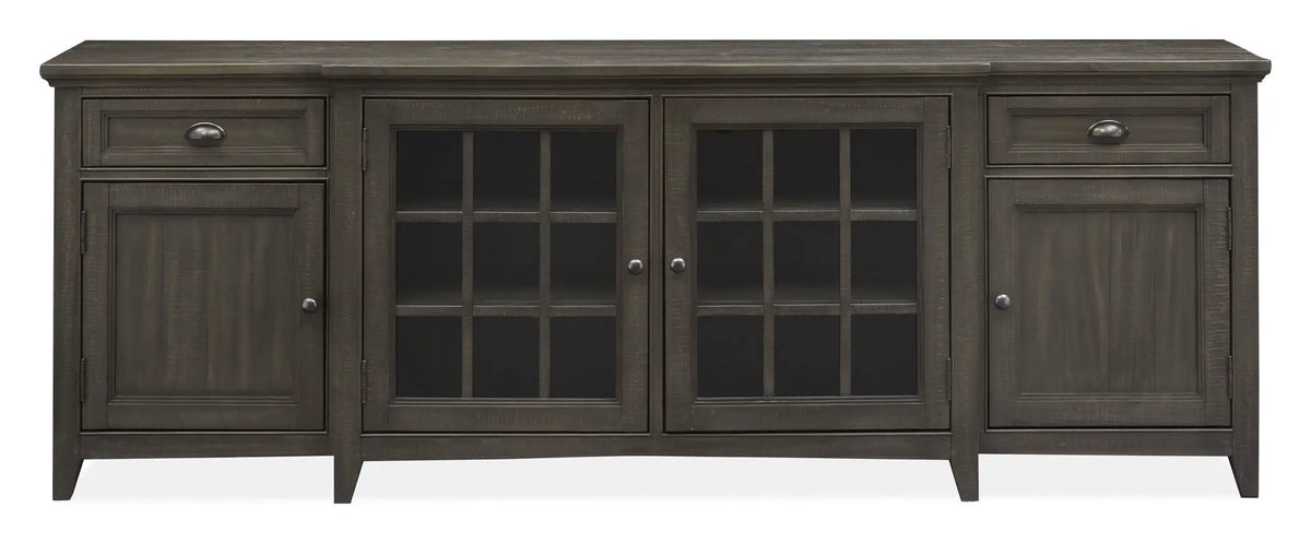 Westley Falls Entertainment Console | Wood Framed Glass Doors | Felt Lined Top Drawers | 70 Inch Width