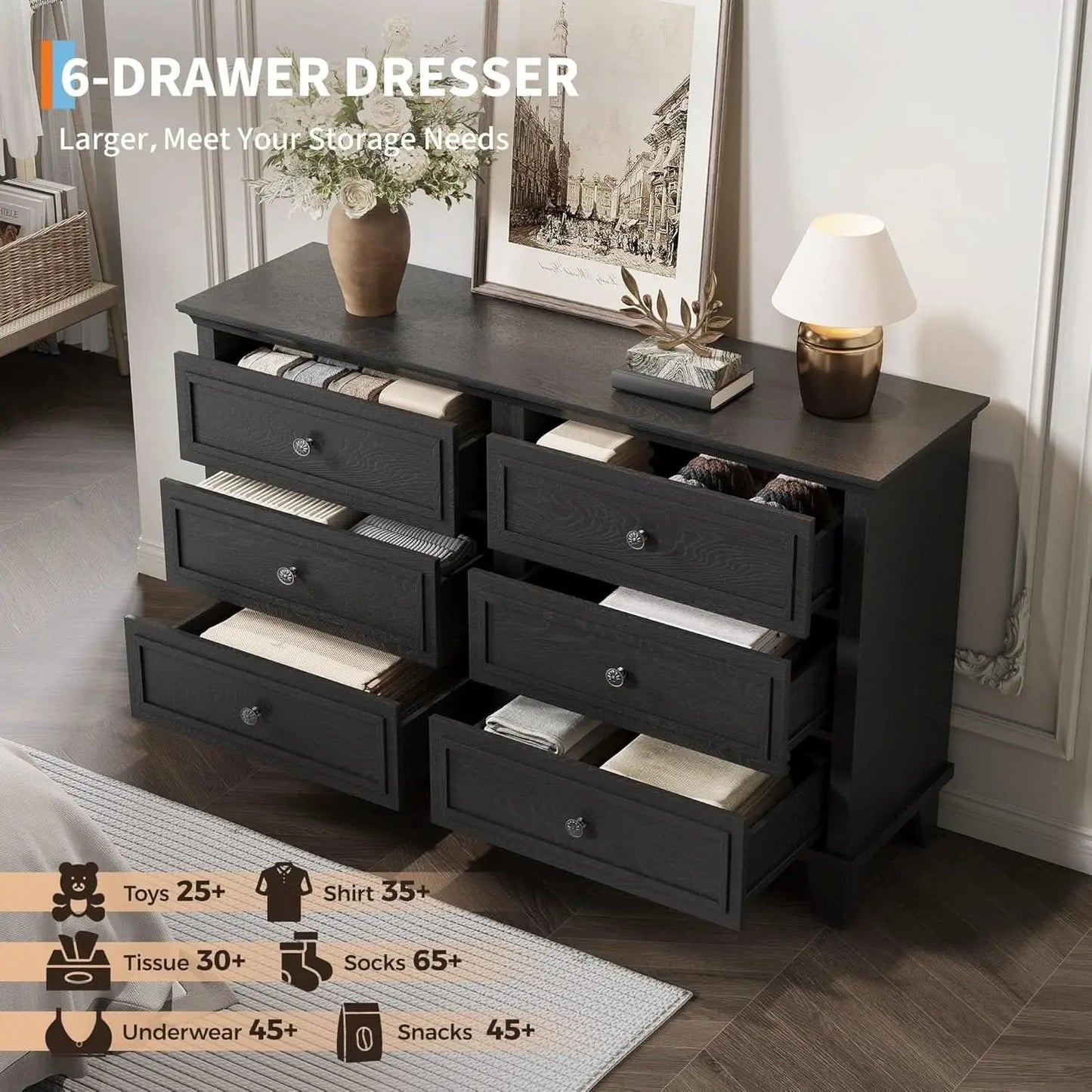Black Antiqued Traditional Six Drawer Dresser Chest from PriceLows™
