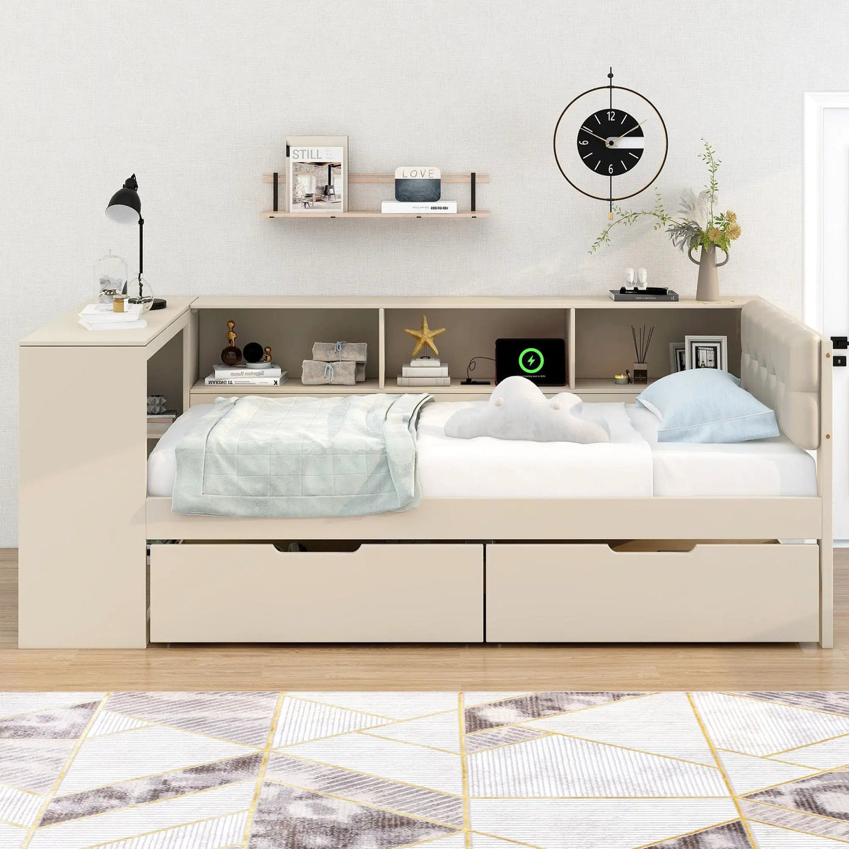 Upholstered Headboard Platform Bed | Storage Shelves | Two Drawers | Charging Station