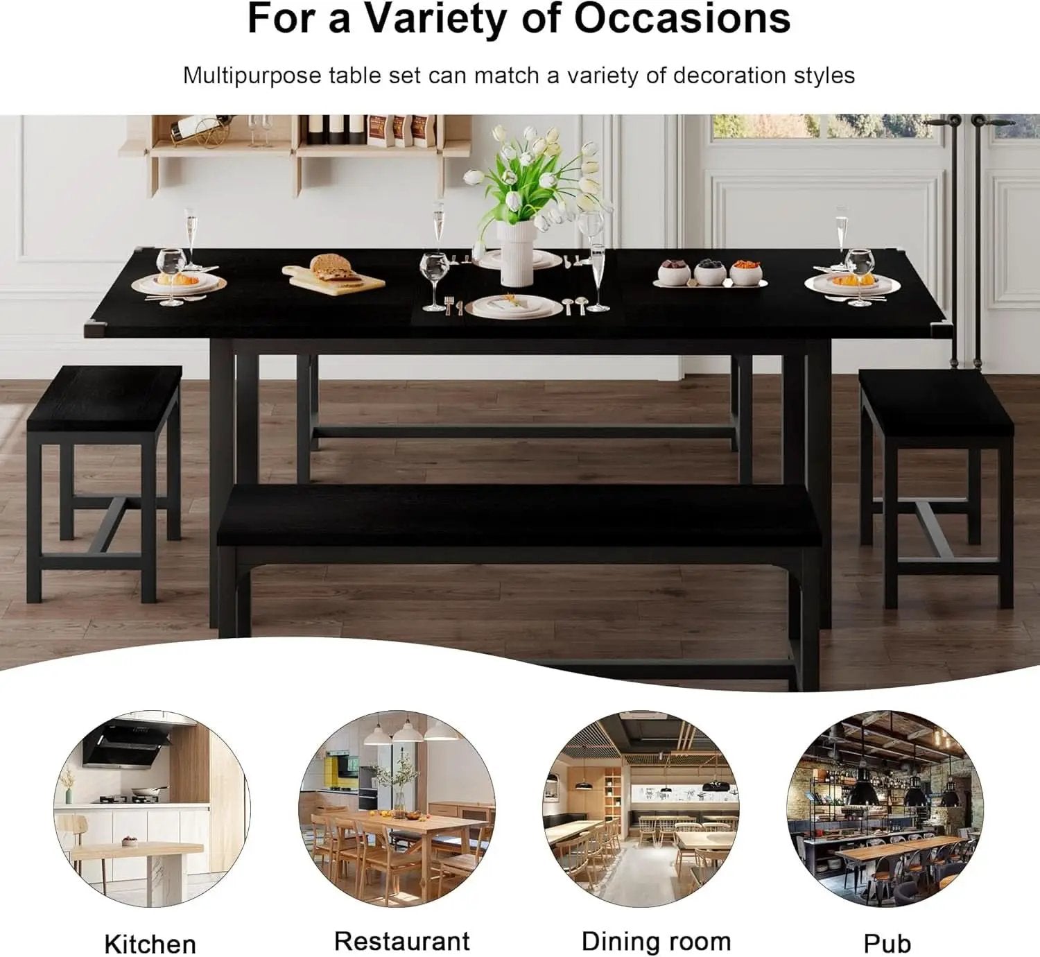 63 Inch Extendable Dining Table Set Black For 4 To 8 from PriceLows™