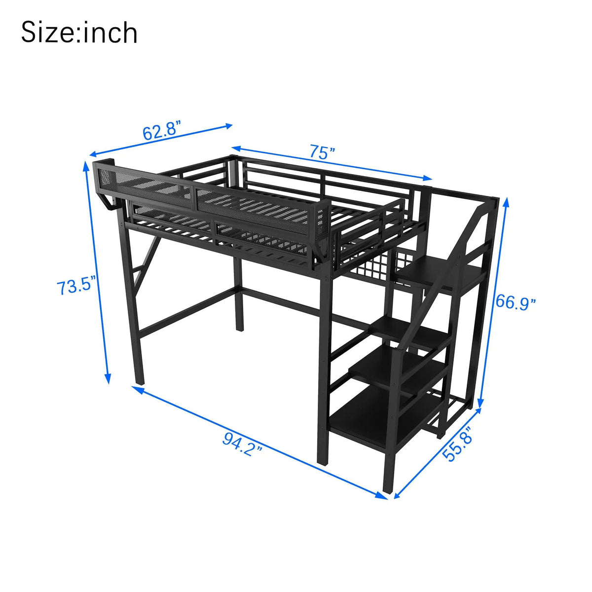 Metal Loft Bed | Integrated Storage Stairs | Upper Safety Shelf