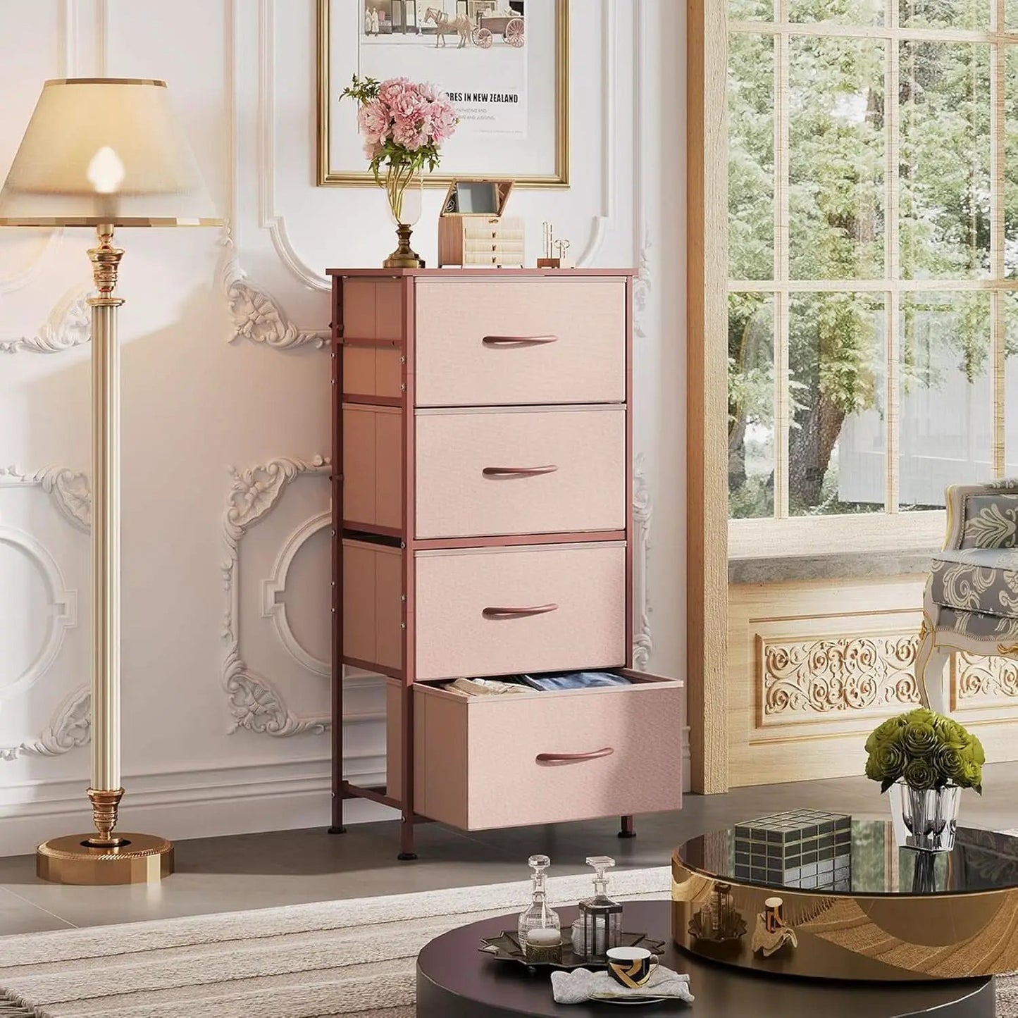 4 Drawer Pink Rose Gold Fabric Dresser With Wood Top from PriceLows™